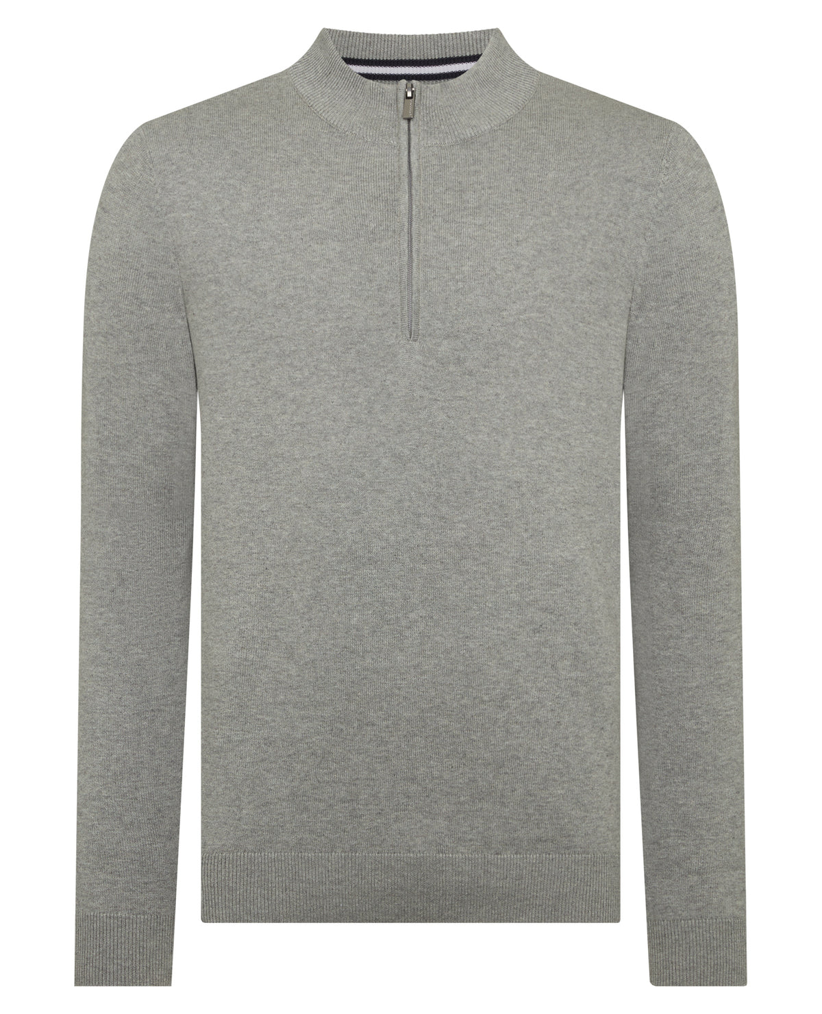Man wearing a grey Tapered Fit Half Zip Cotton Sweater