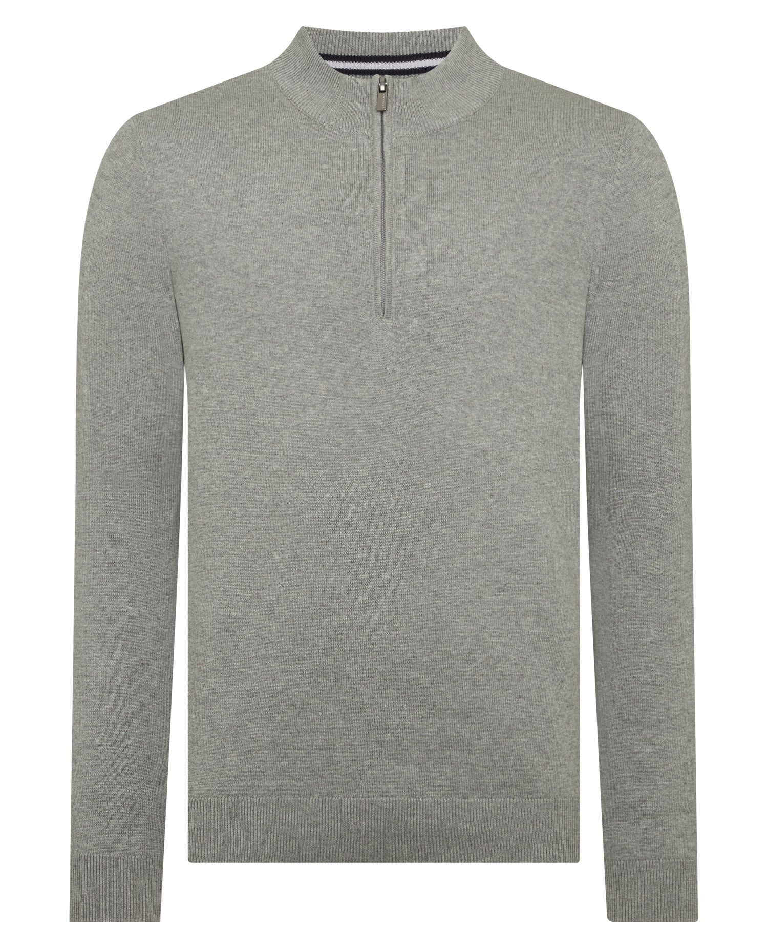 Man wearing a grey Tapered Fit Half Zip Cotton Sweater