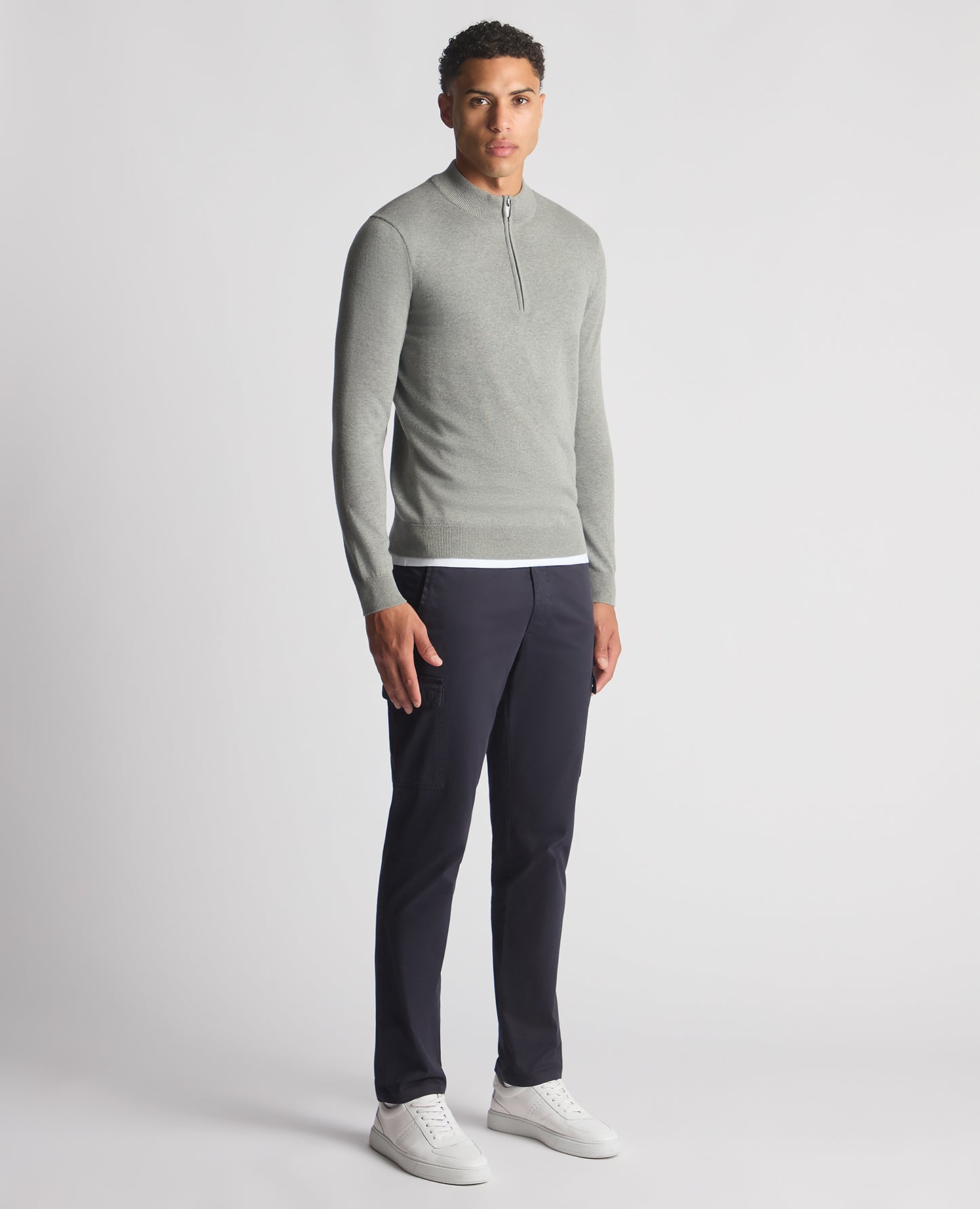 Man wearing a grey Tapered Fit Half Zip Cotton Sweater