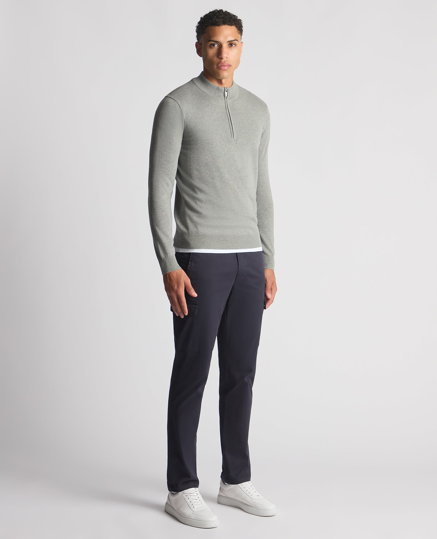 Man wearing a grey Tapered Fit Half Zip Cotton Sweater