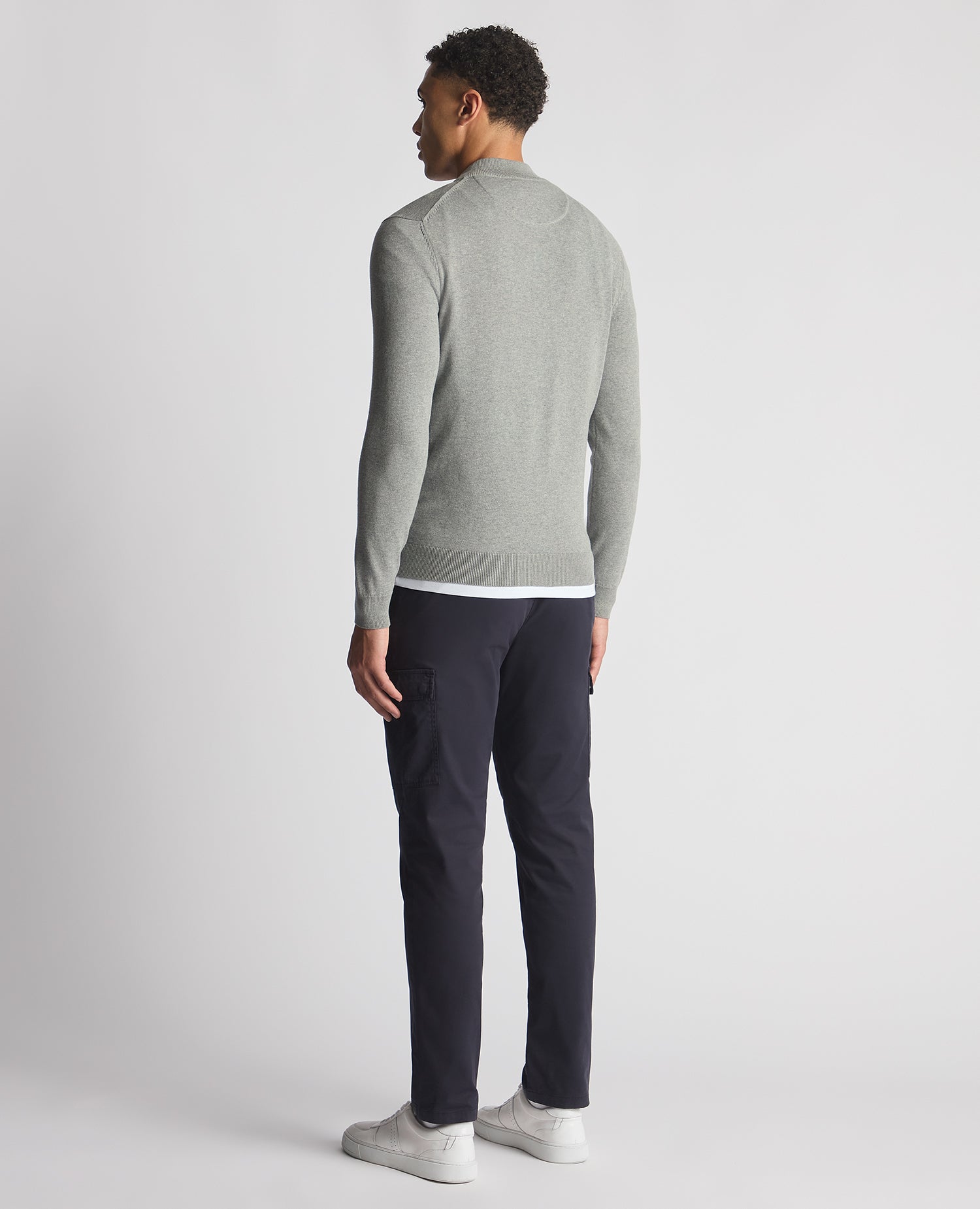 Man wearing a grey Tapered Fit Half Zip Cotton Sweater