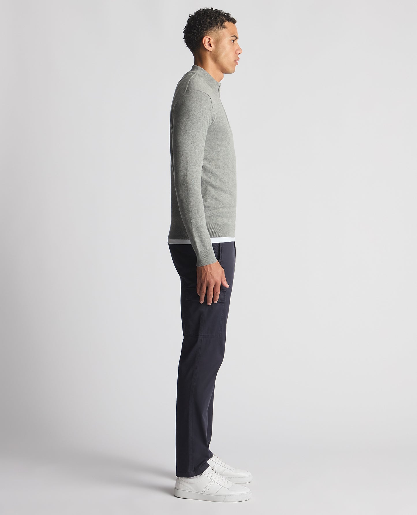 Man wearing a grey Tapered Fit Half Zip Cotton Sweater