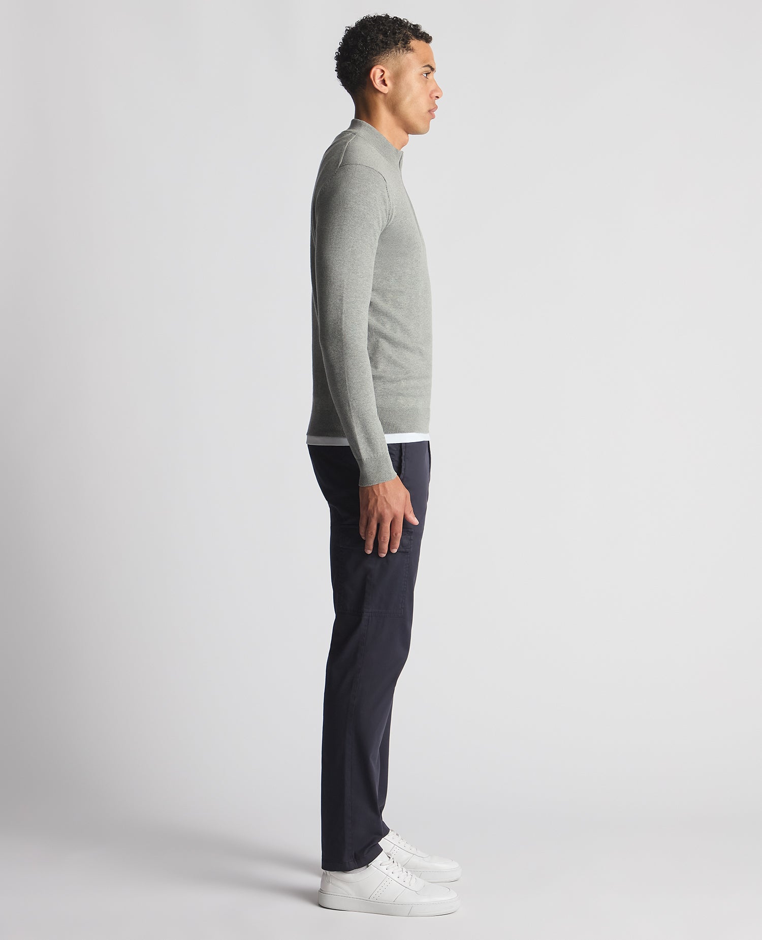 Man wearing a grey Tapered Fit Half Zip Cotton Sweater