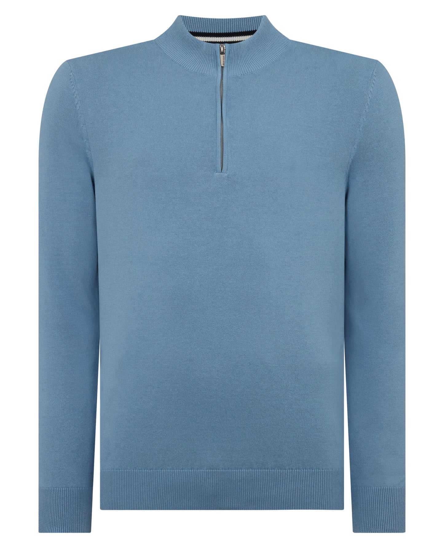 Man wearing a blue Tapered Fit Half Zip Cotton Sweater