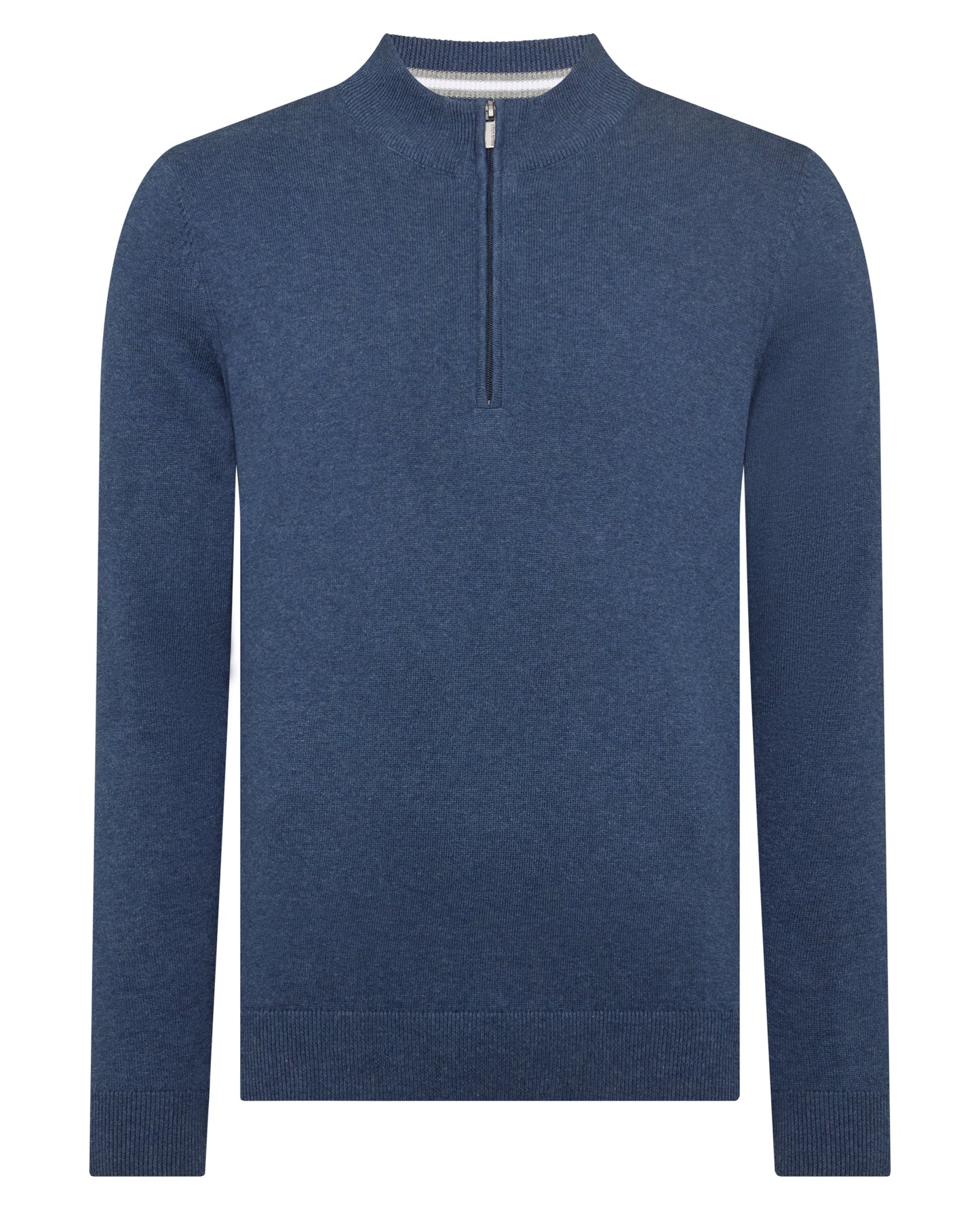 Man wearing a blue Tapered Fit Half Zip Cotton Sweater