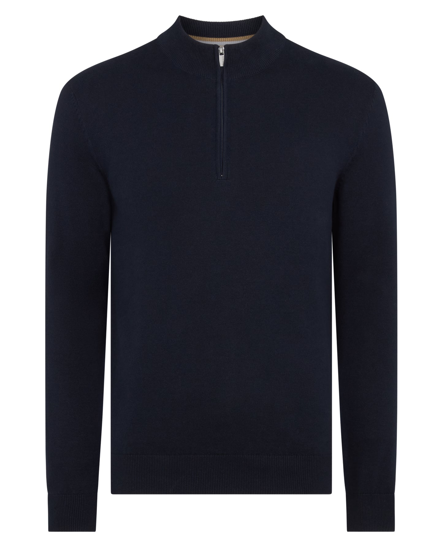 Man wearing a navy Tapered Fit Half Zip Cotton Sweater