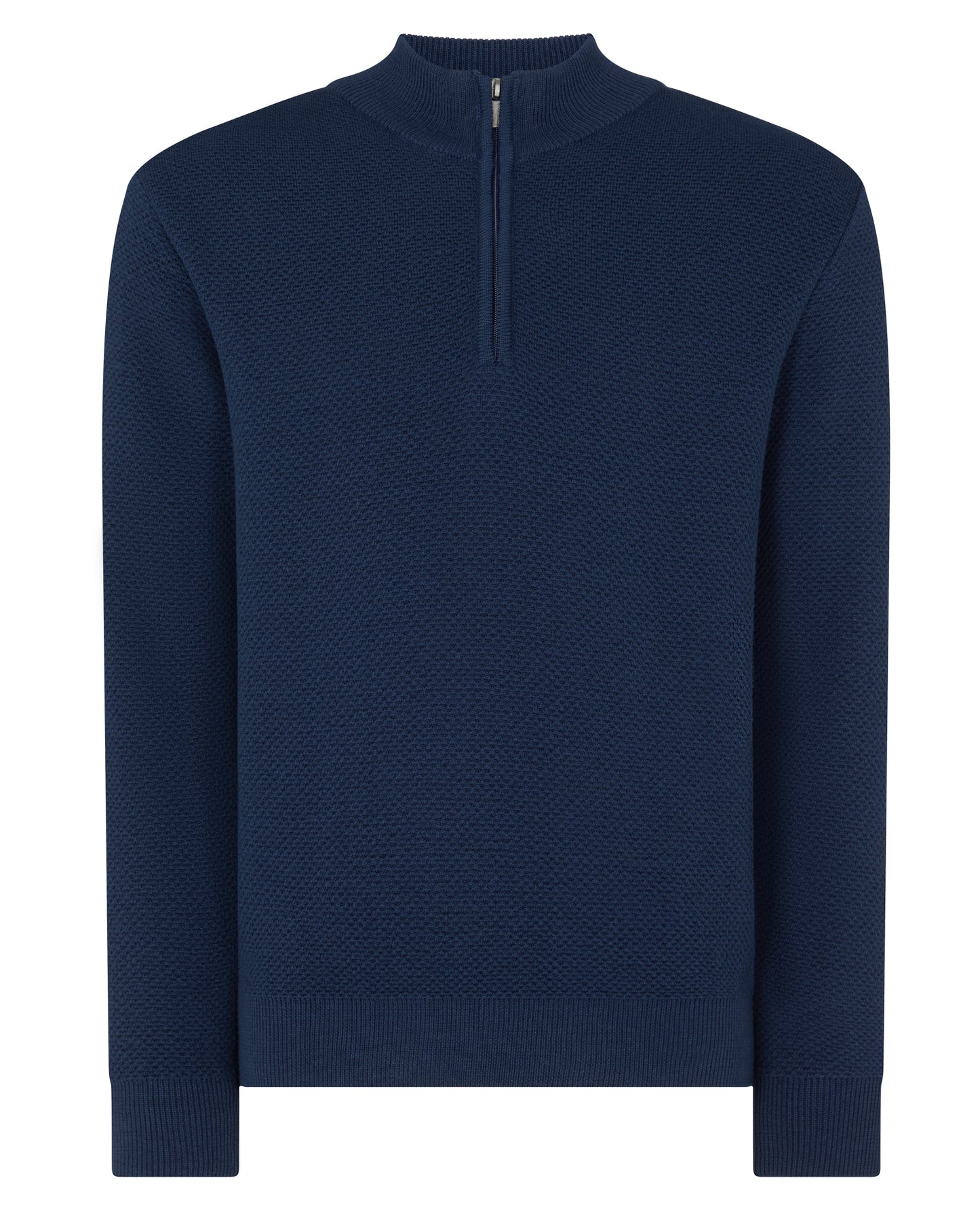 Man wearing a blue Tapered Fit Merino Half Zip Sweater