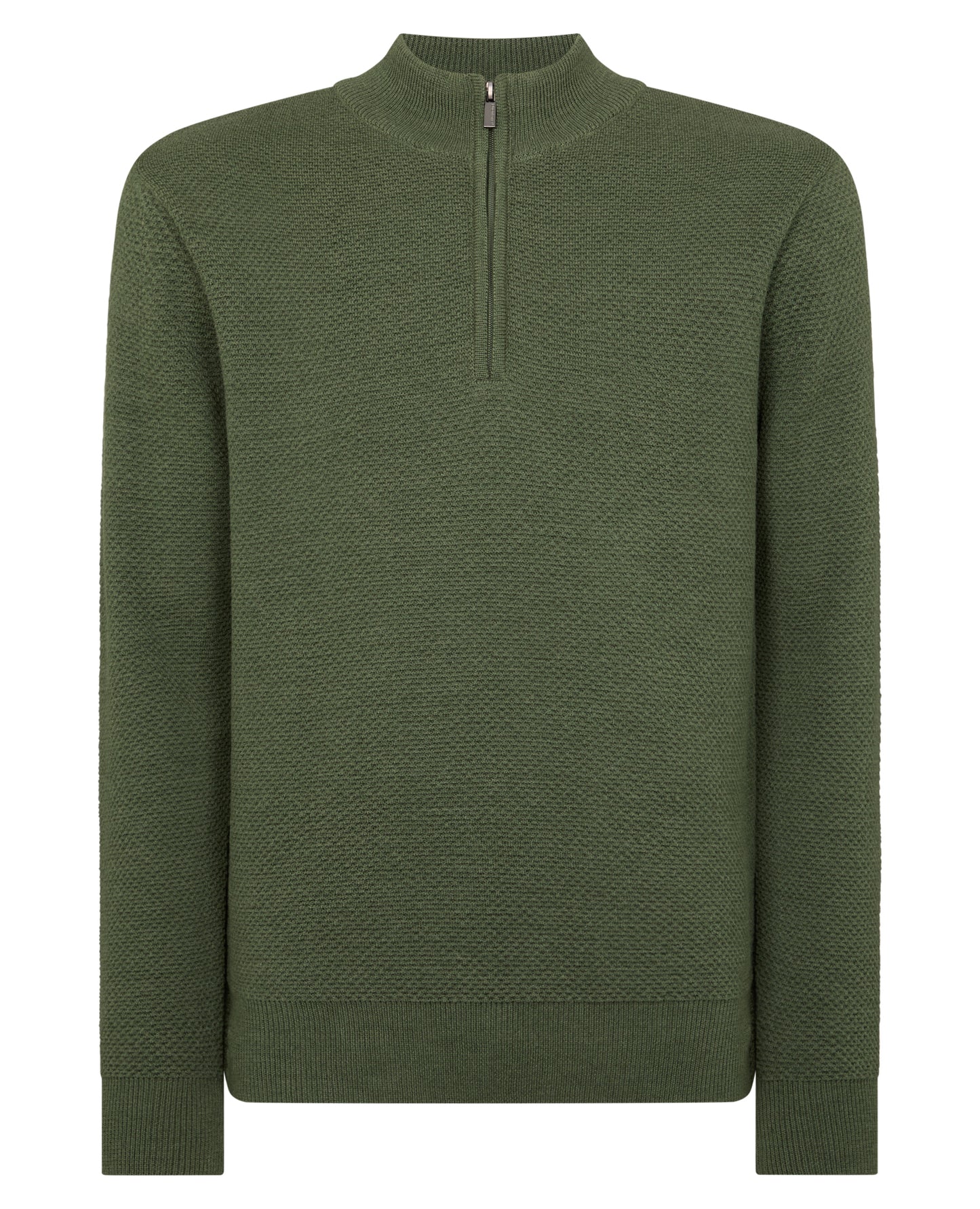 Man wearing a green Tapered Fit Merino Half Zip Sweater