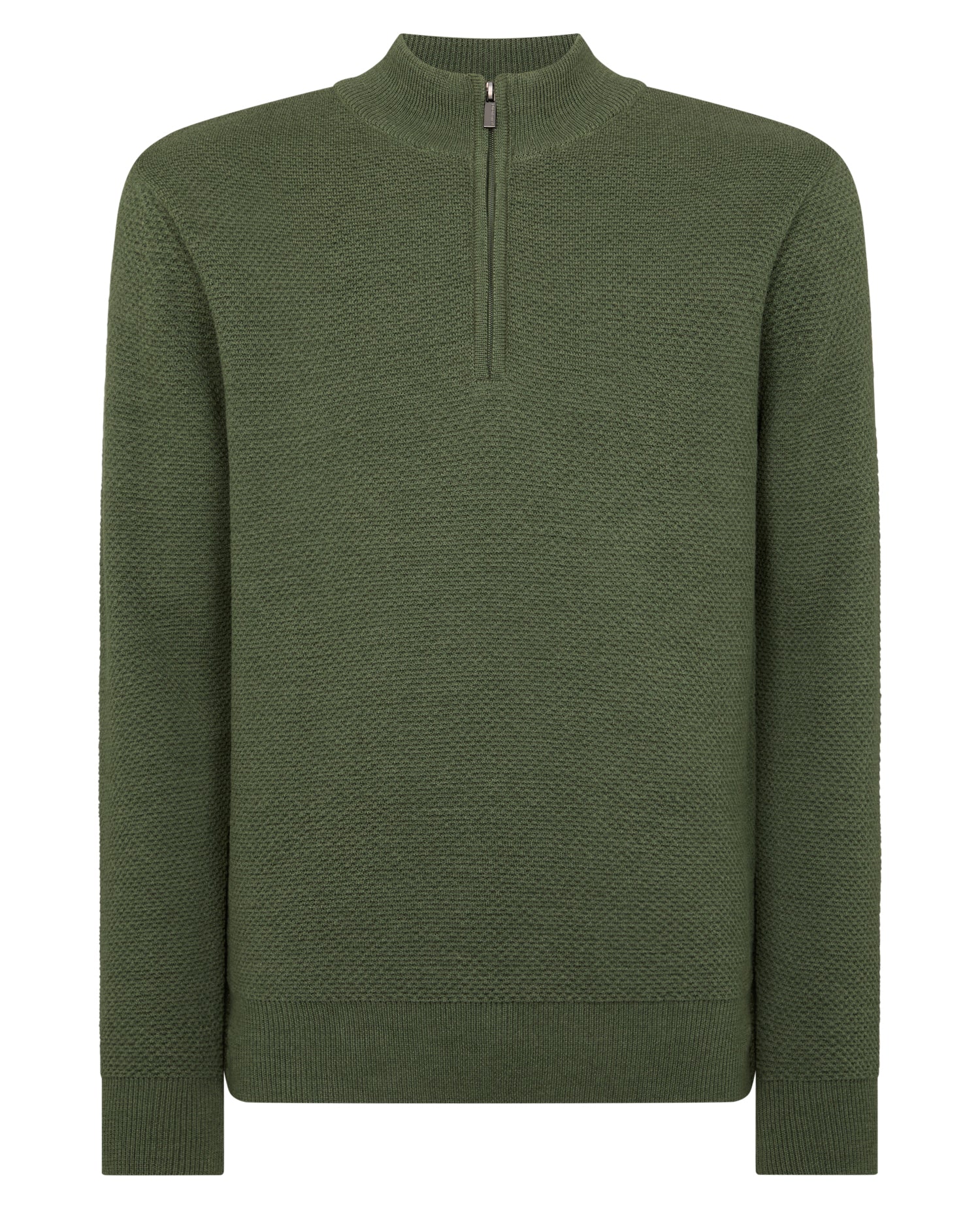 Man wearing a green Tapered Fit Merino Half Zip Sweater