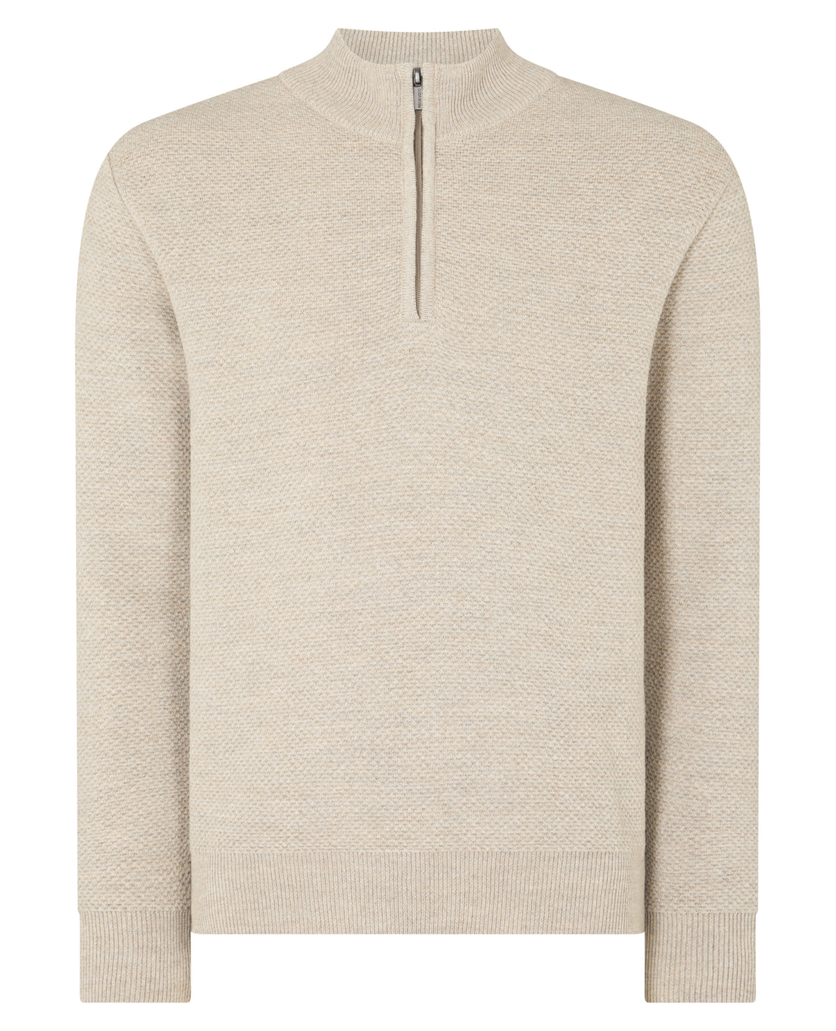 Man wearing a sand Tapered Fit Merino Half Zip Sweater