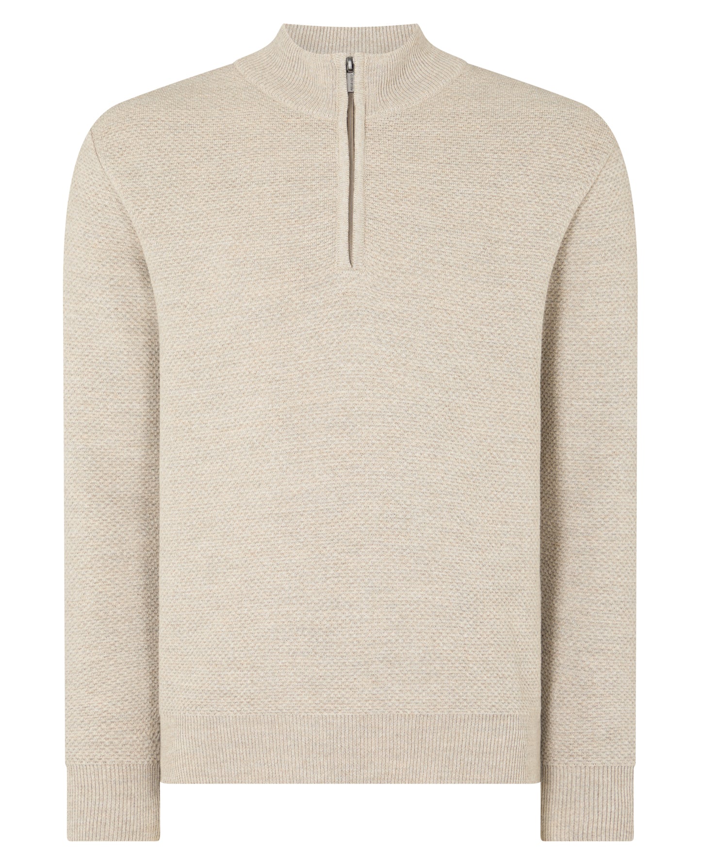 Man wearing a sand Tapered Fit Merino Half Zip Sweater