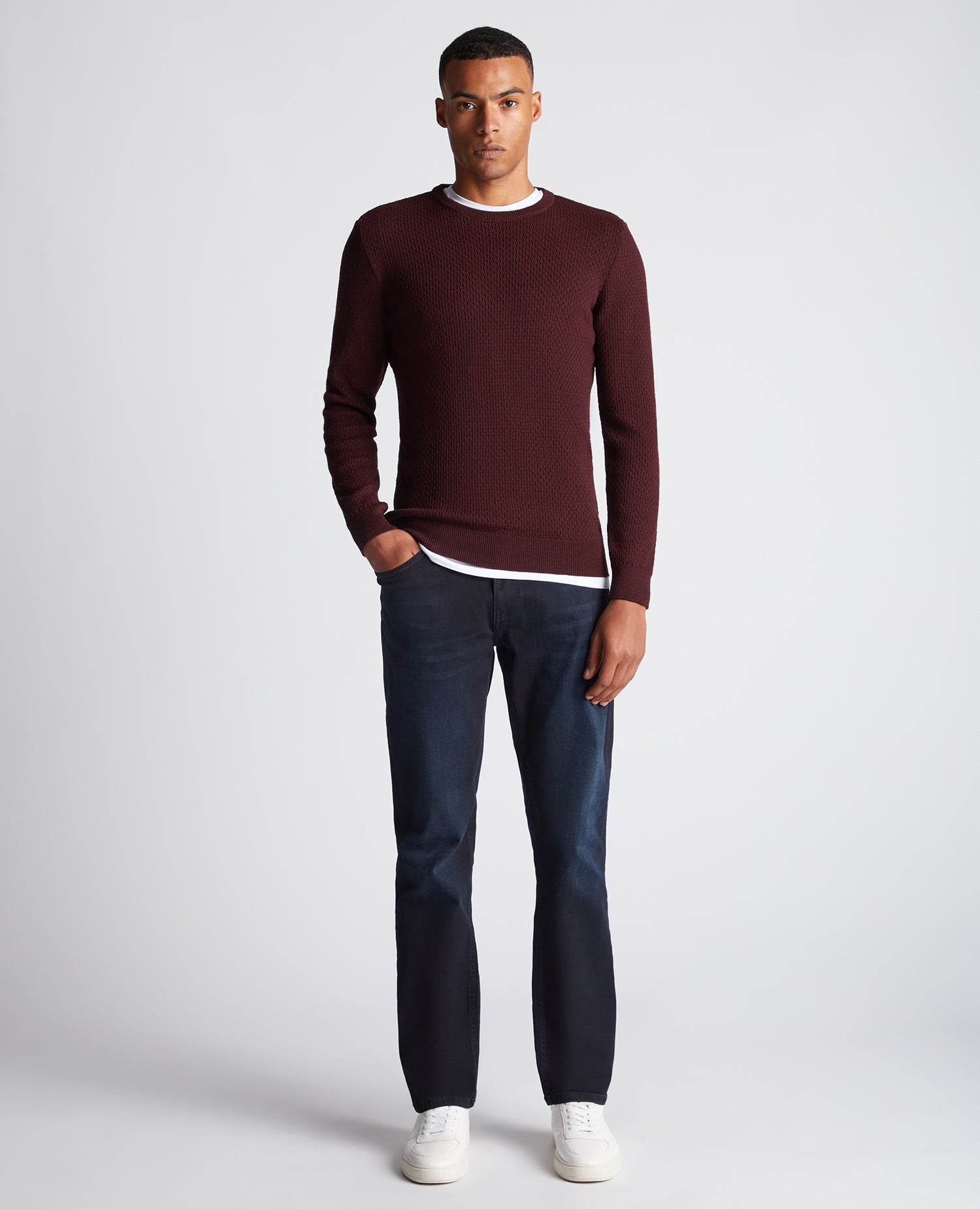 Man wearing a red Slim Fit Merino Wool-Blend Sweater