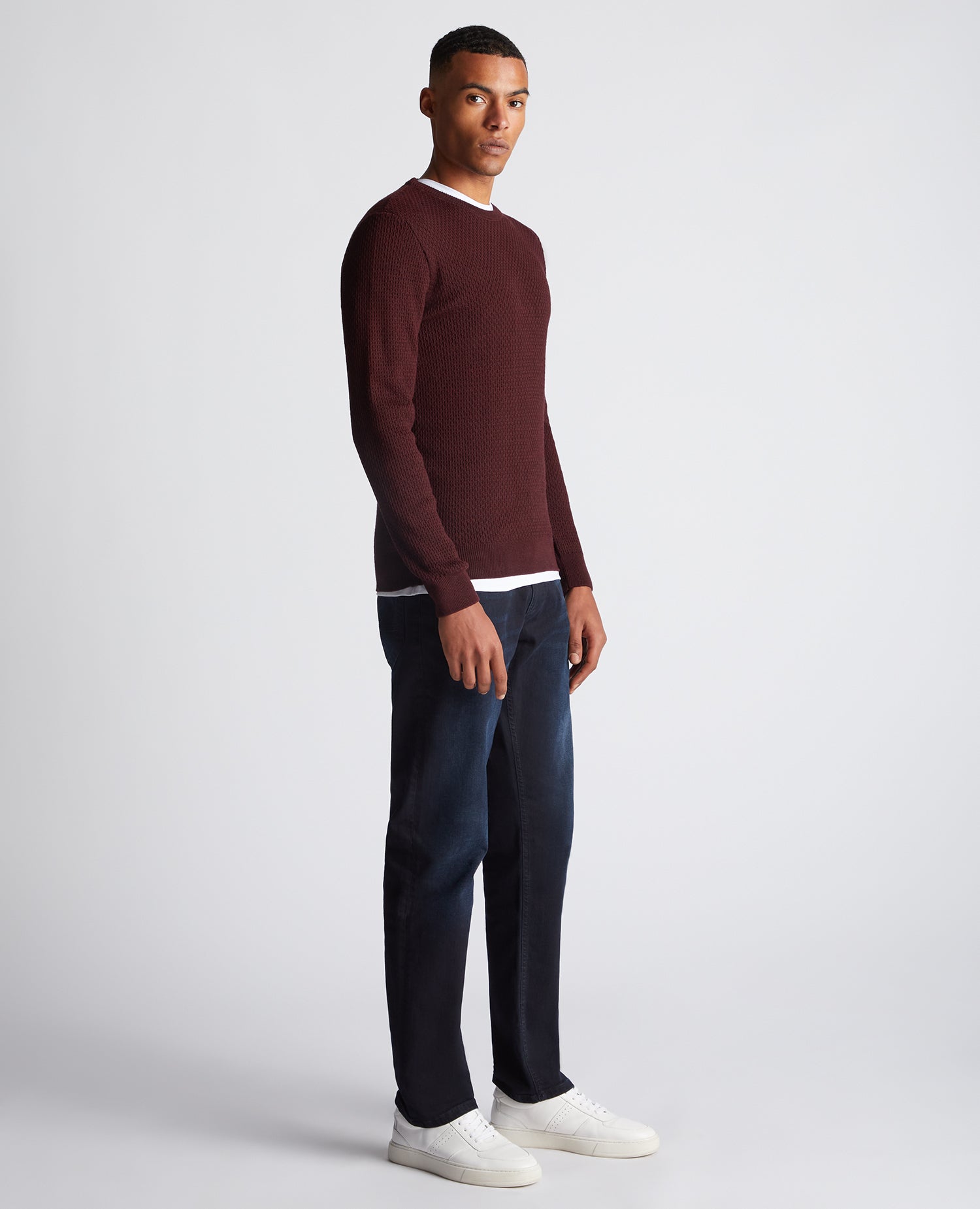 Man wearing a red Slim Fit Merino Wool-Blend Sweater