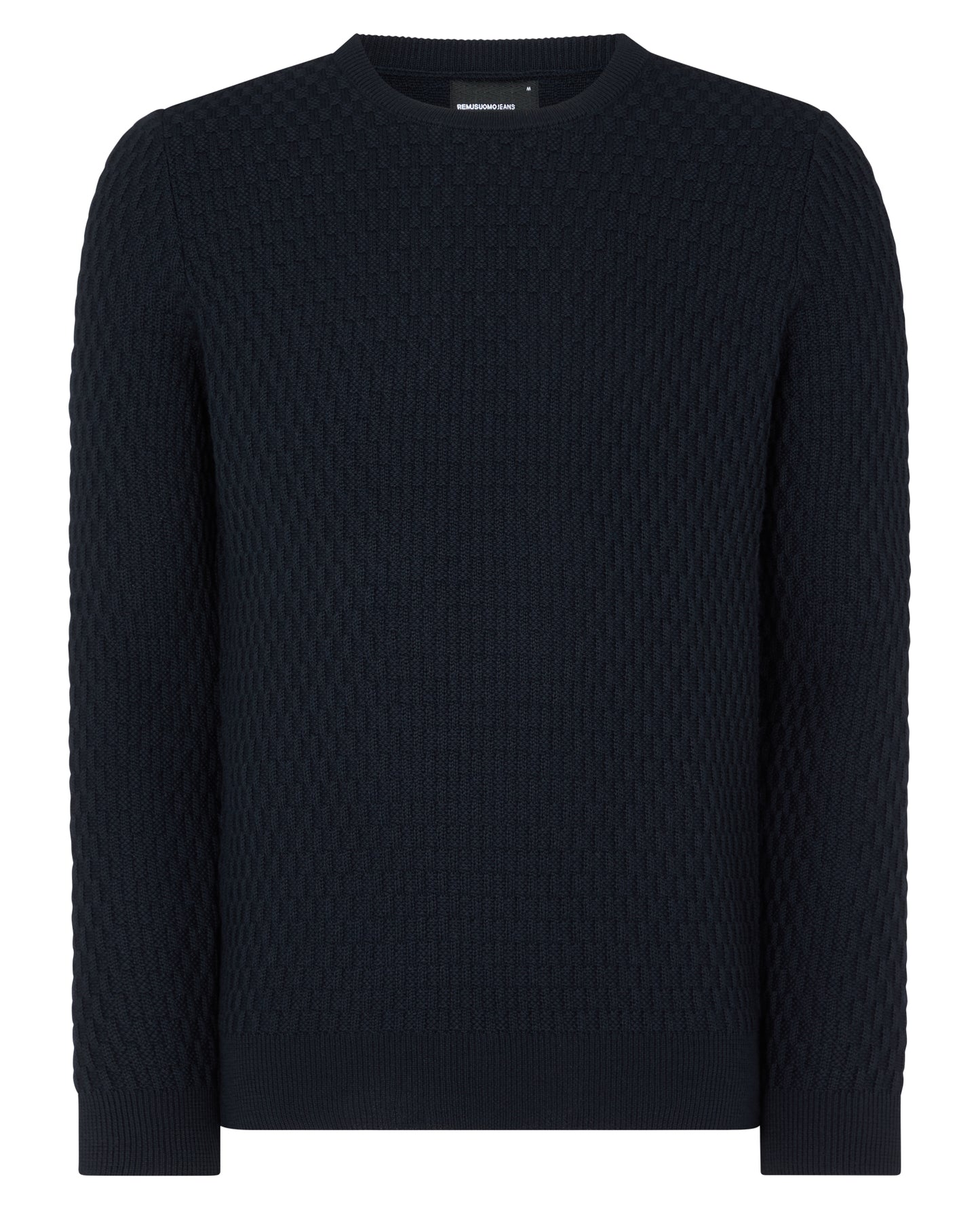 Man wearing a navy Tapered Fit Merino Wool-Blend Sweater