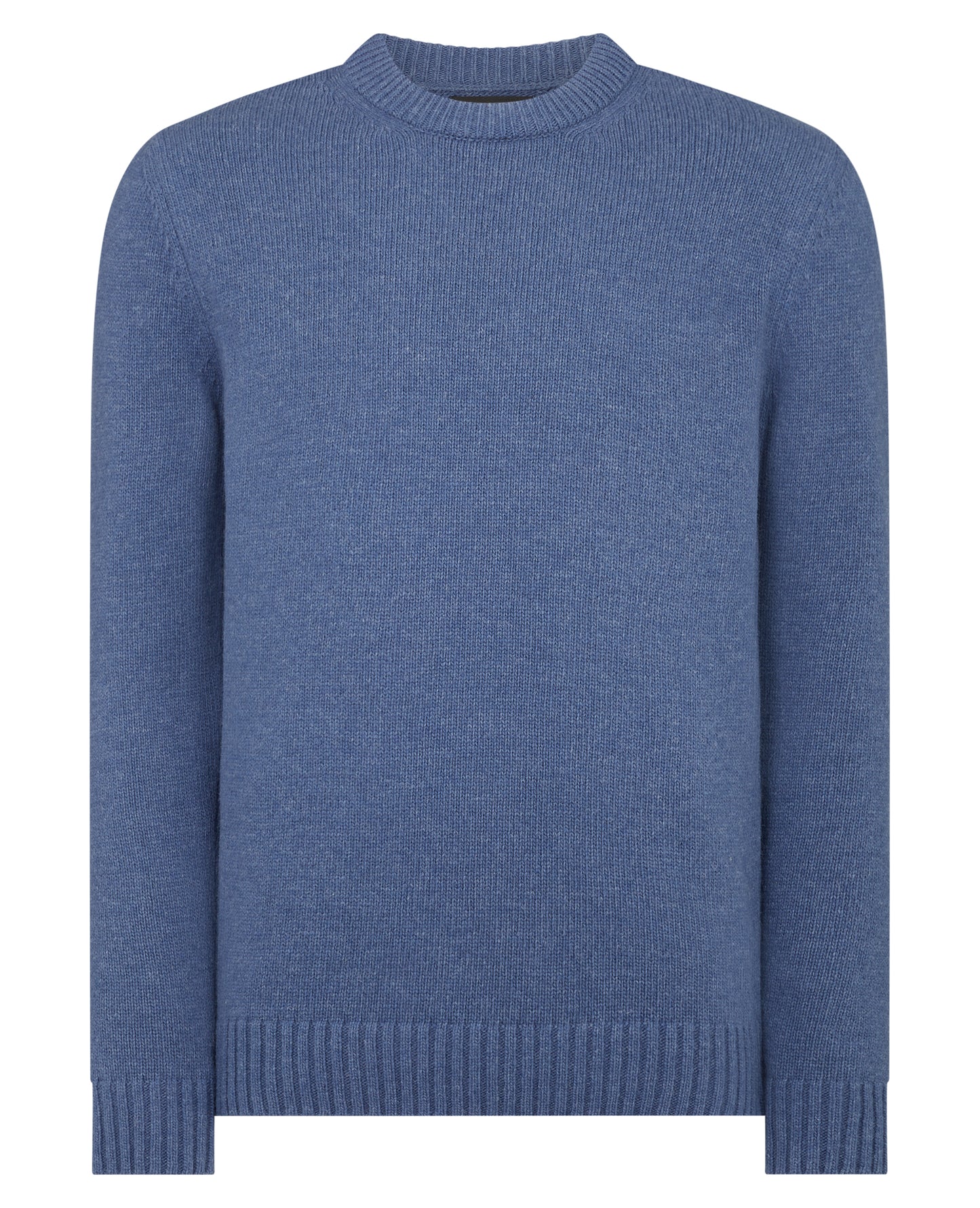 Man wearing a blue Tapered Fit Wool-Blend Crew Neck Sweater