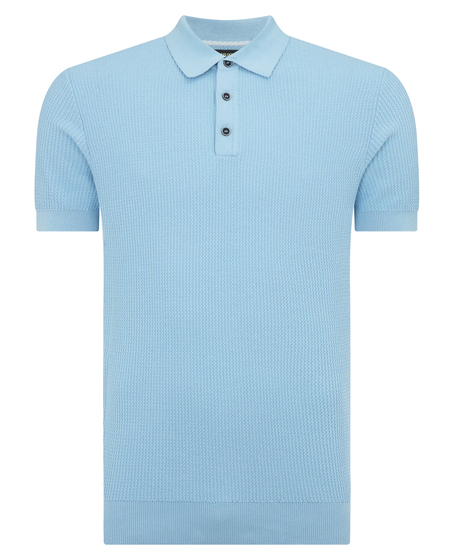 Man wearing a blue Slim Fit Cotton Interest Fabric Polo Shirt