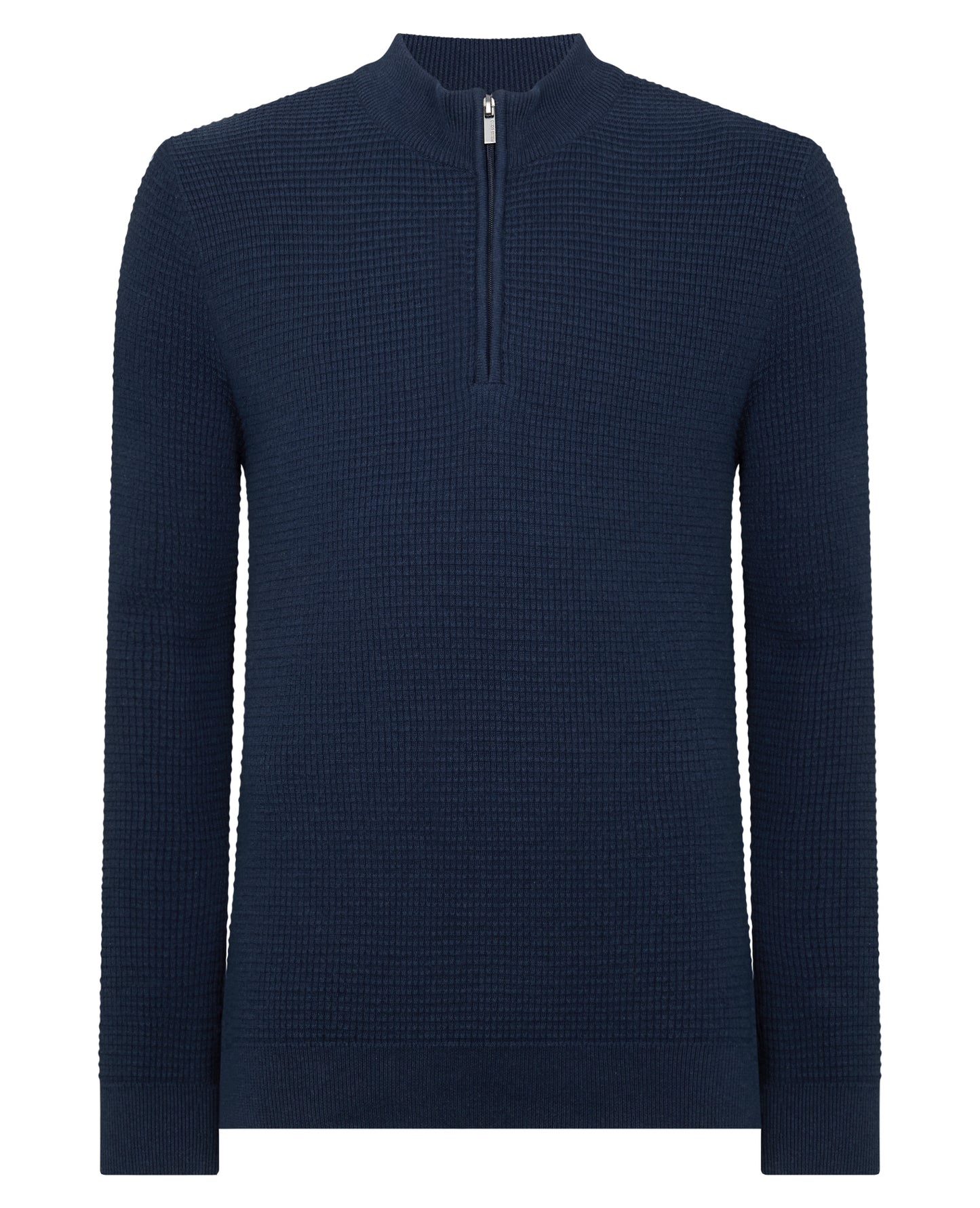 Man wearing a blue Tapered Fit Cotton Half Zip Sweater