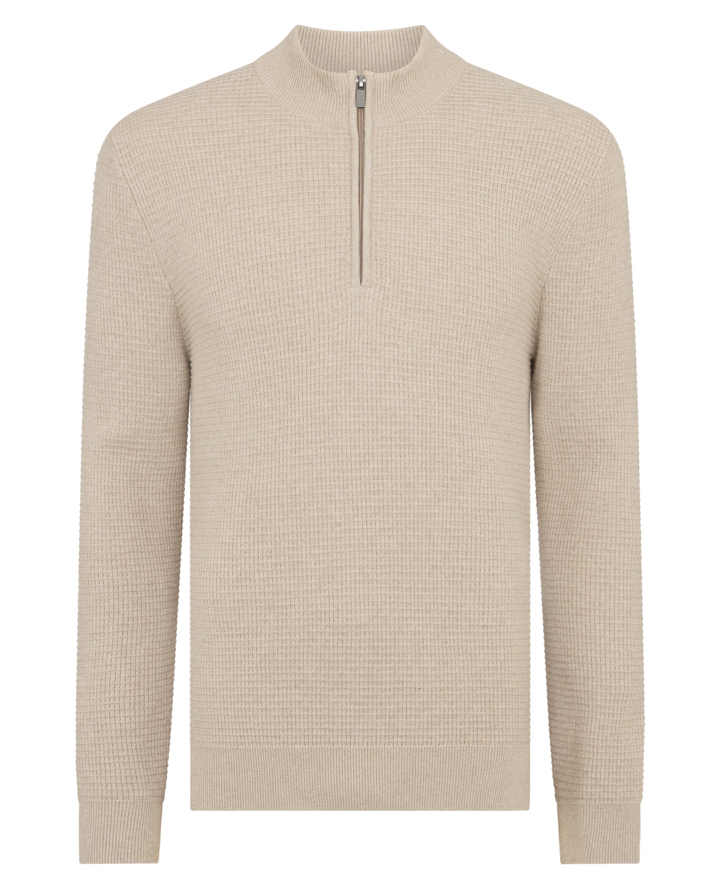 Man wearing a sand Tapered Fit Cotton Half Zip Sweater