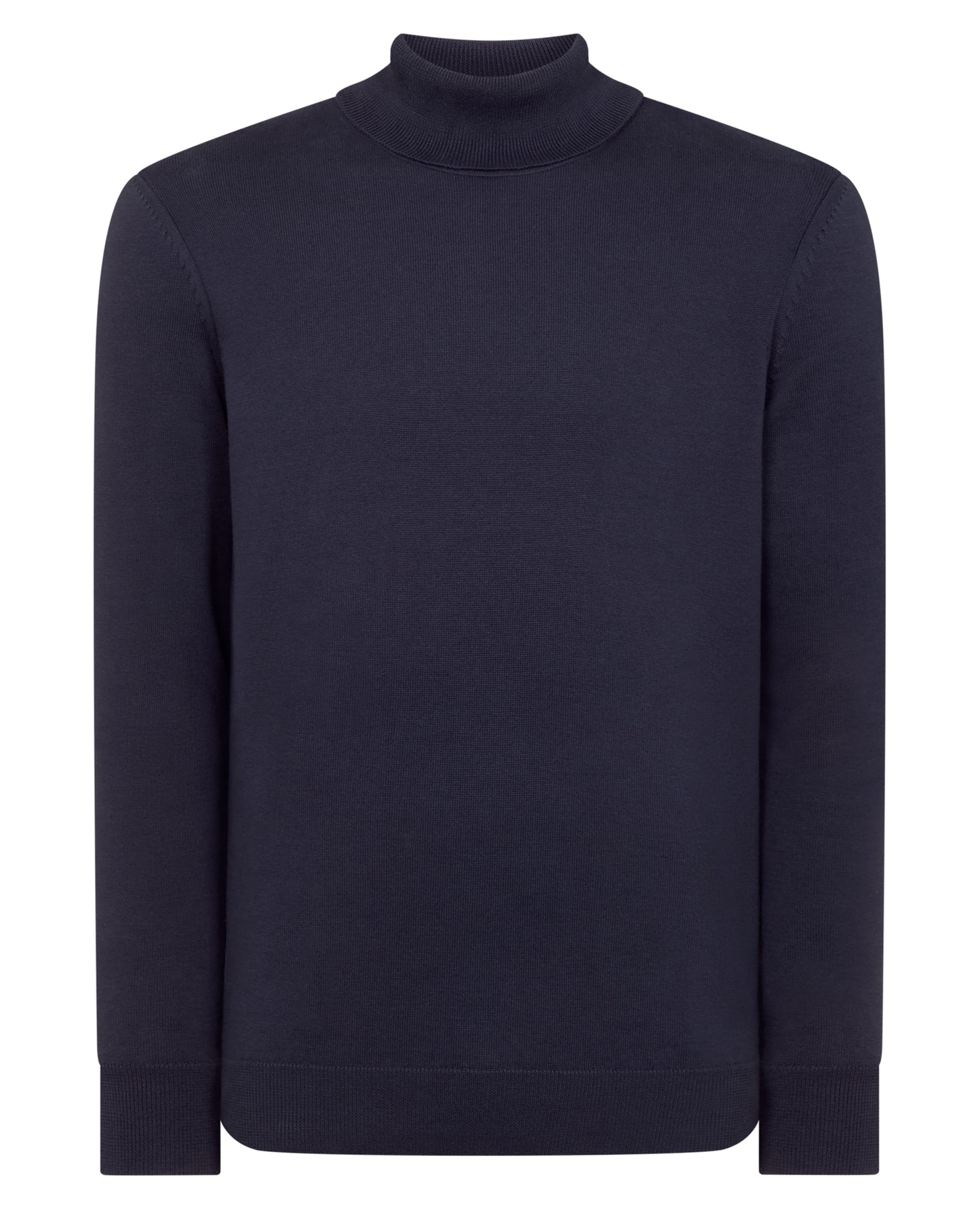 Man wearing a blue Tapered Fit Roll Neck Sweater