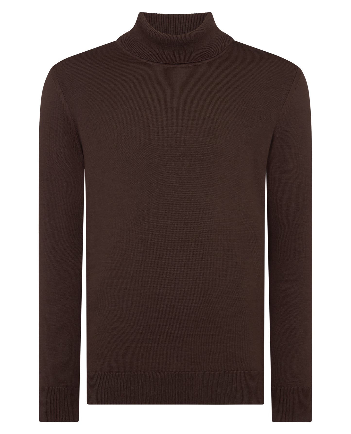 Man wearing a brown Tapered Fit Roll Neck Sweater