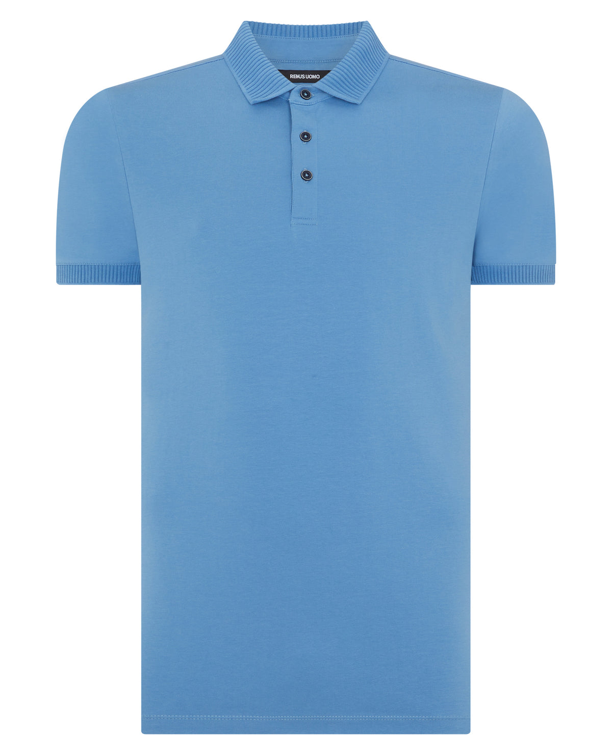 Man wearing a blue Tapered Fit Cotton-Stretch Polo Shirt