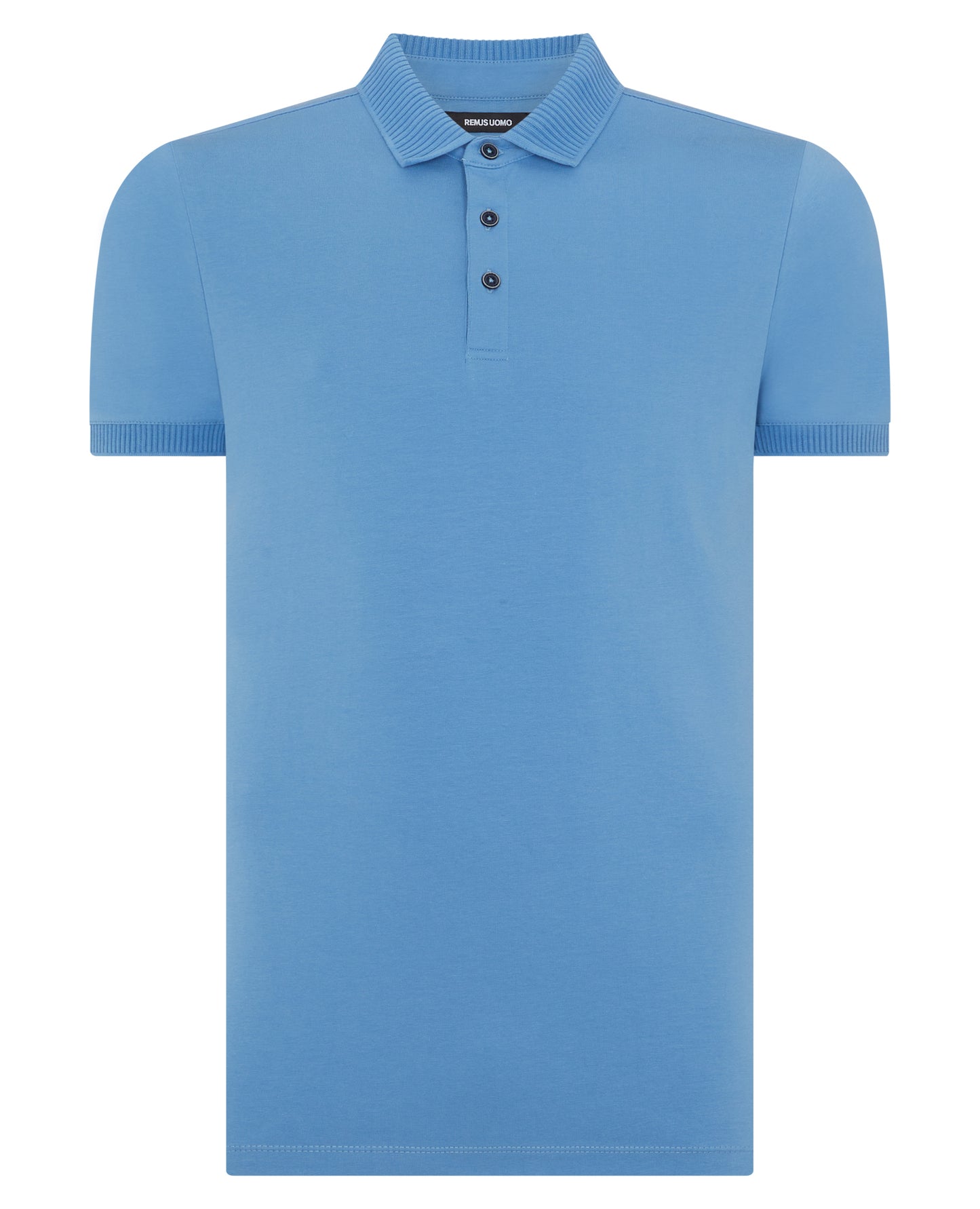 Man wearing a blue Tapered Fit Cotton-Stretch Polo Shirt