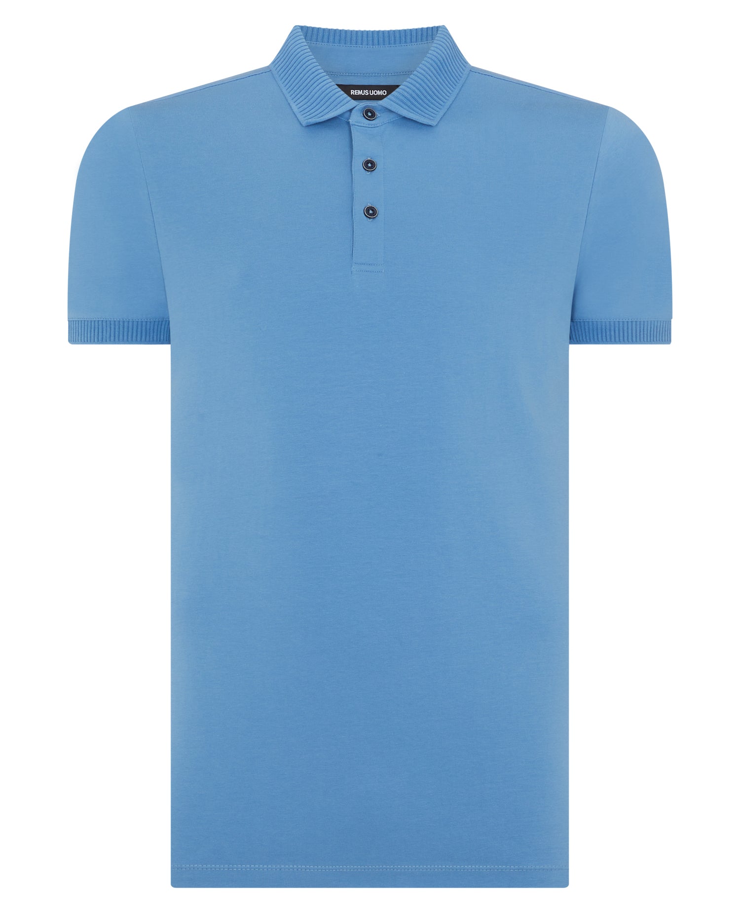 Man wearing a blue Tapered Fit Cotton-Stretch Polo Shirt
