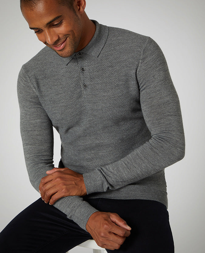 Slim Fit Merino Wool-Blend Long Sleeve Polo Shirt