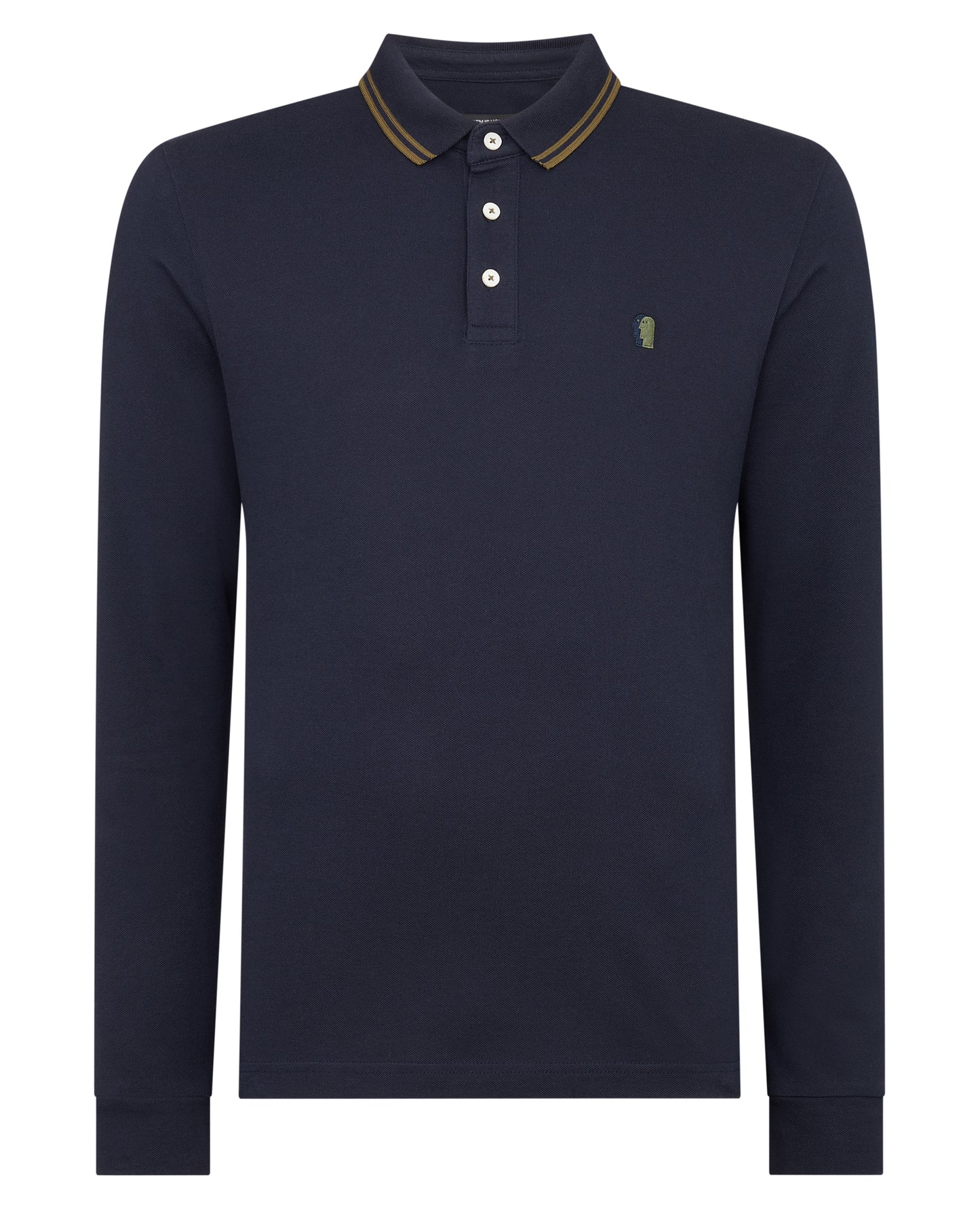 Man wearing a navy Slim Fit Cotton-Stretch Pique Polo Shirt