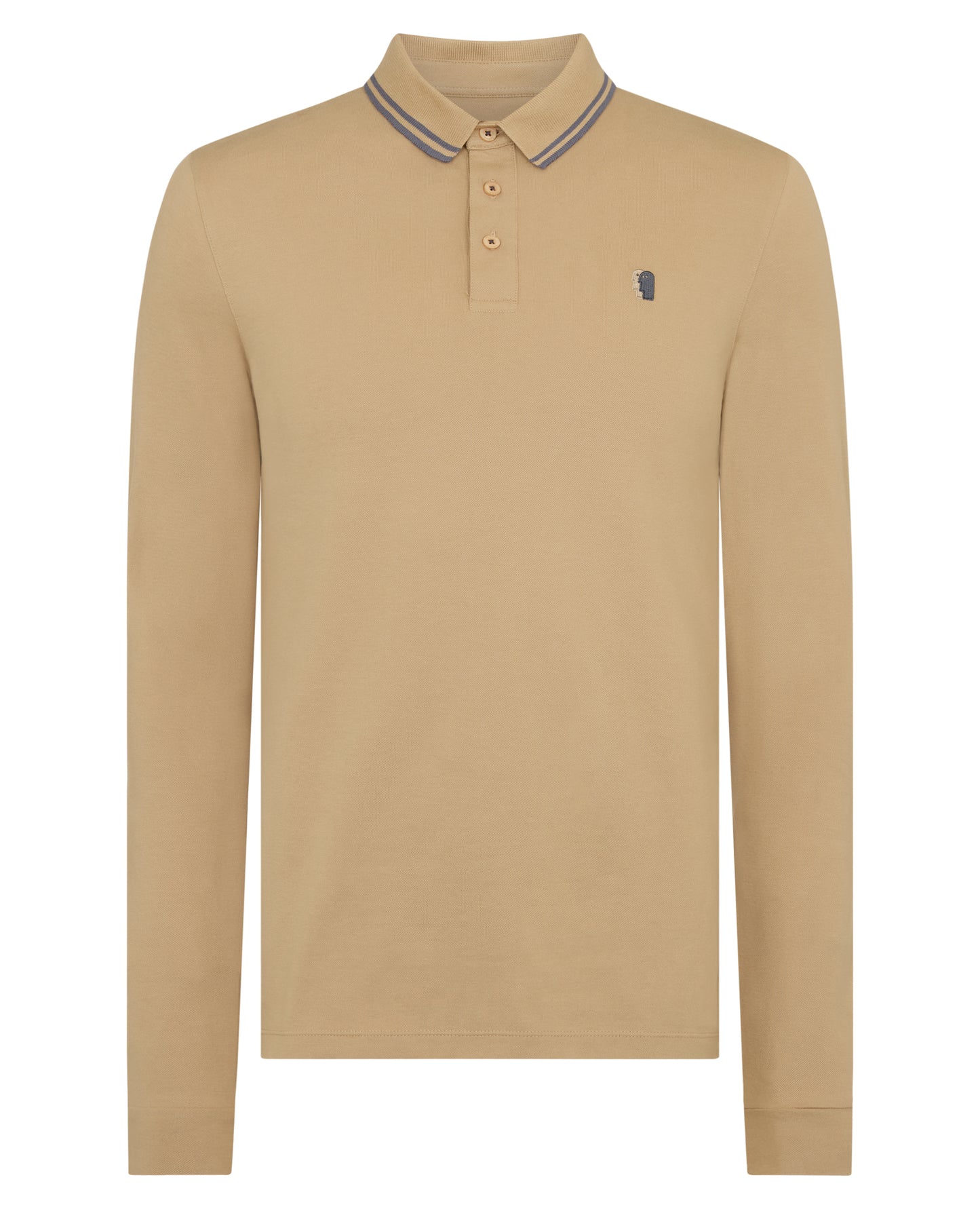 Man wearing a sand Slim Fit Cotton-Stretch Pique Polo Shirt