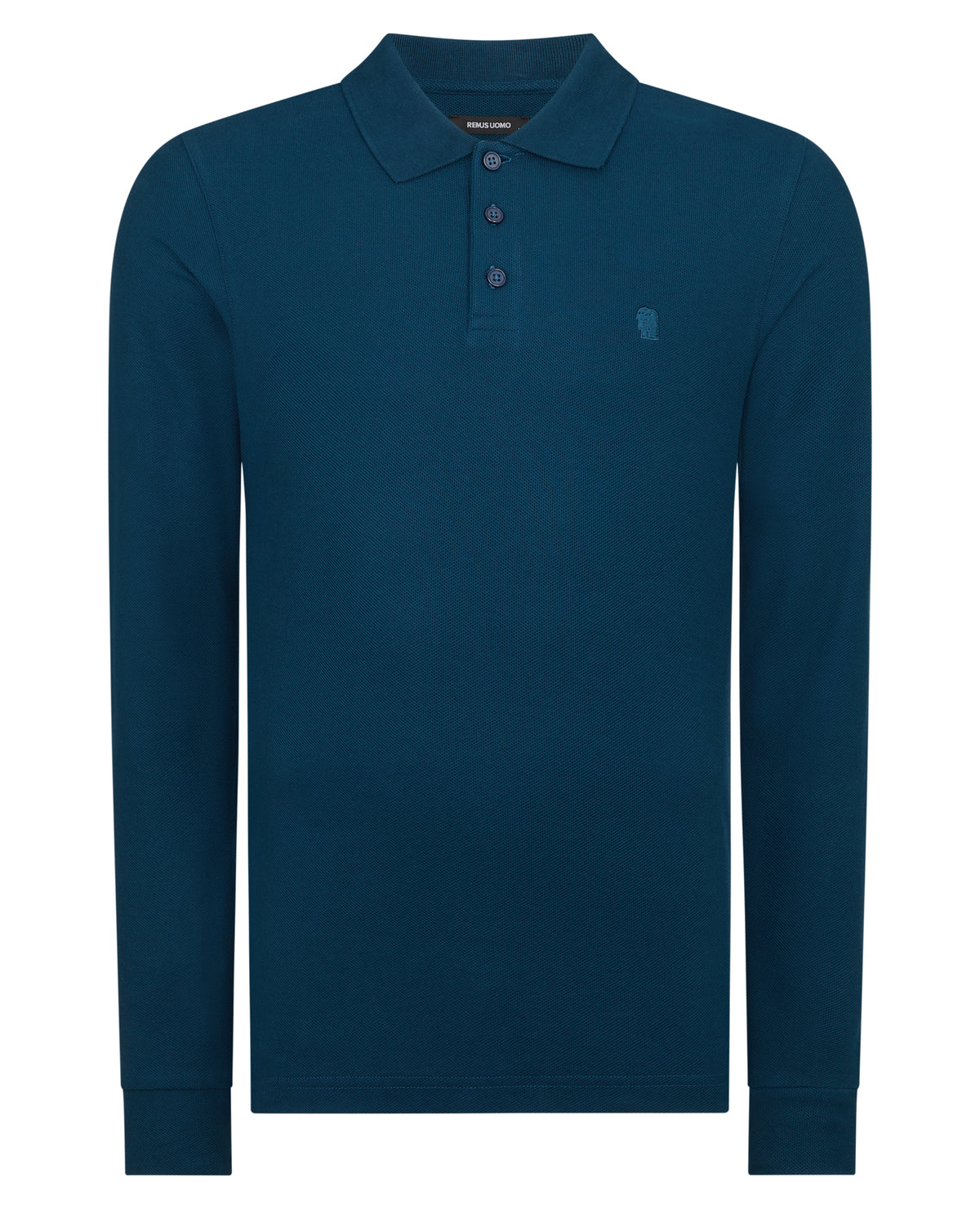 Man wearing a blue Slim Fit Cotton-Stretch Pique Polo Shirt