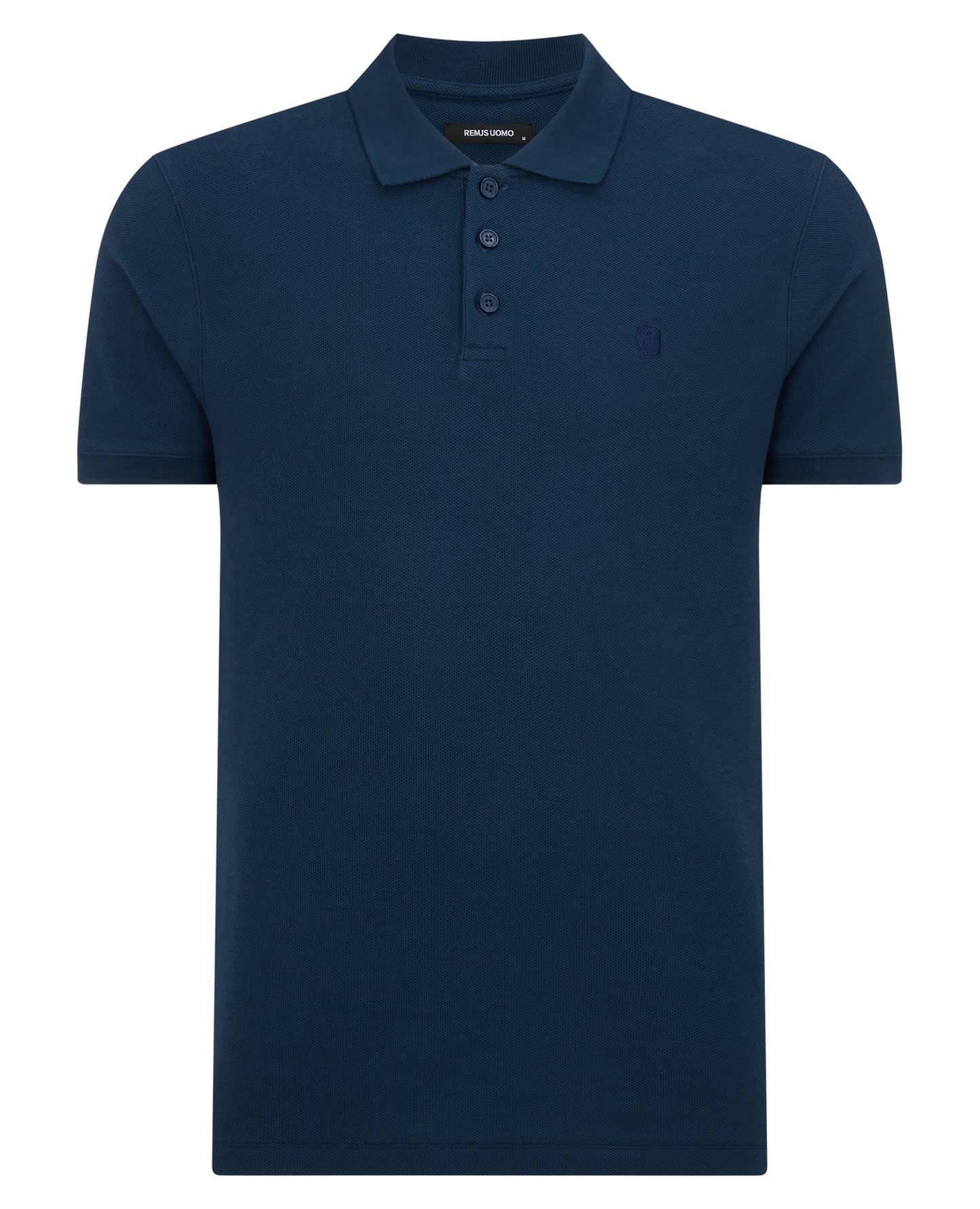 Man wearing a blue Tapered Fit Cotton Pique Polo Shirt
