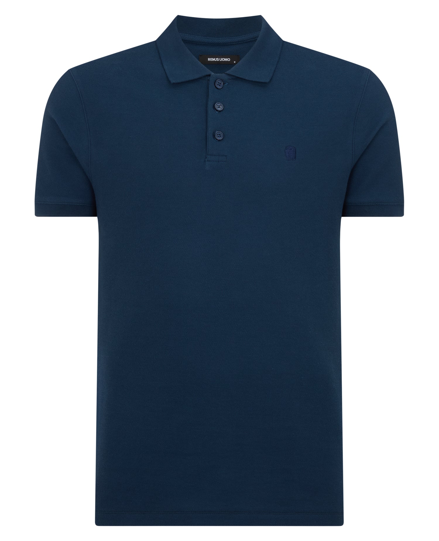 Man wearing a blue Tapered Fit Cotton Pique Polo Shirt
