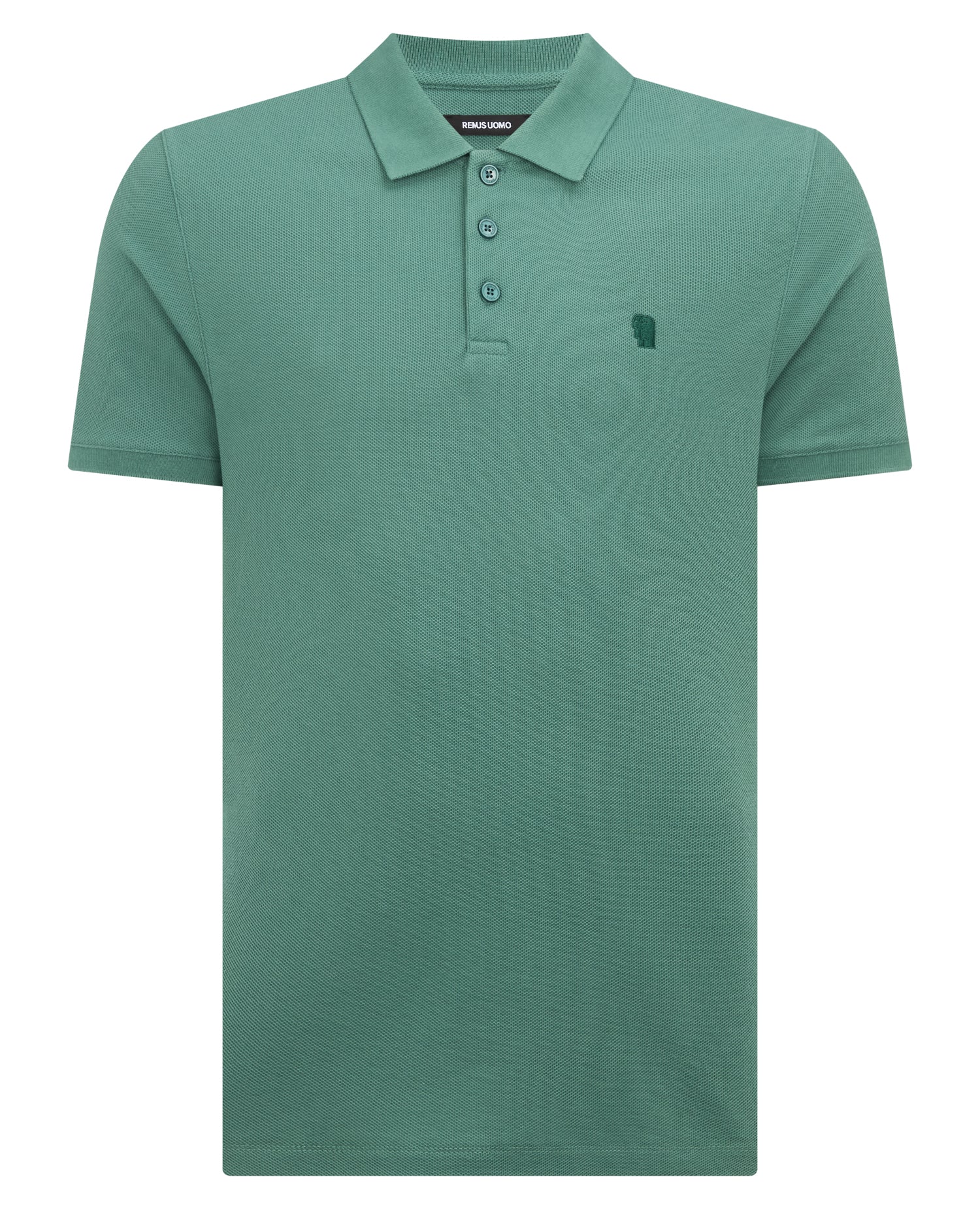 Man wearing a green Tapered Fit Cotton Pique Polo Shirt