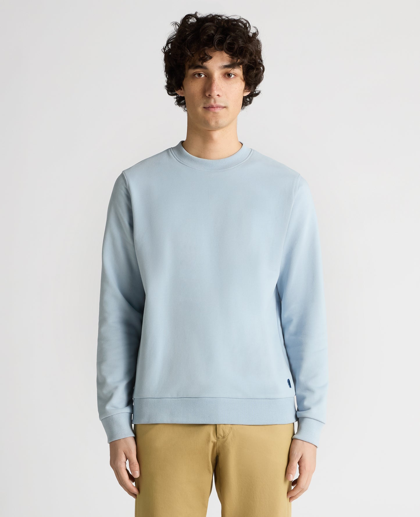 Man wearing a blue Tapered Fit Soft Touch Cotton-Blend Sweatshirt