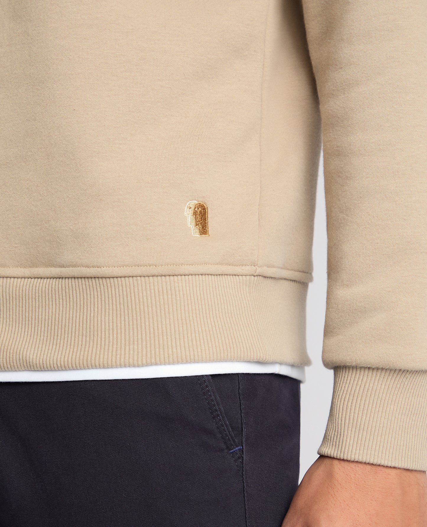 Man wearing a sand Tapered Fit Soft Touch Cotton-Blend Sweatshirt