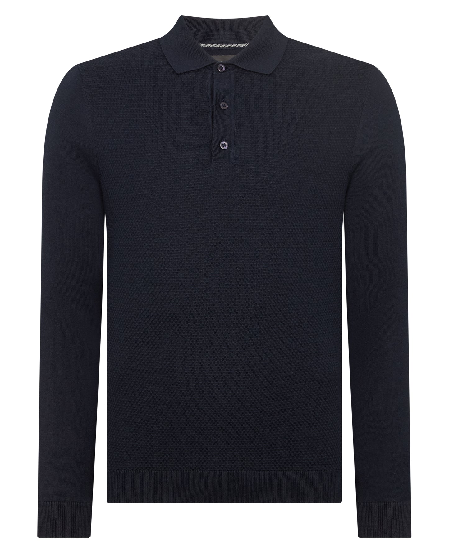 Man wearing a navy Slim Fit Cotton Knitted Polo