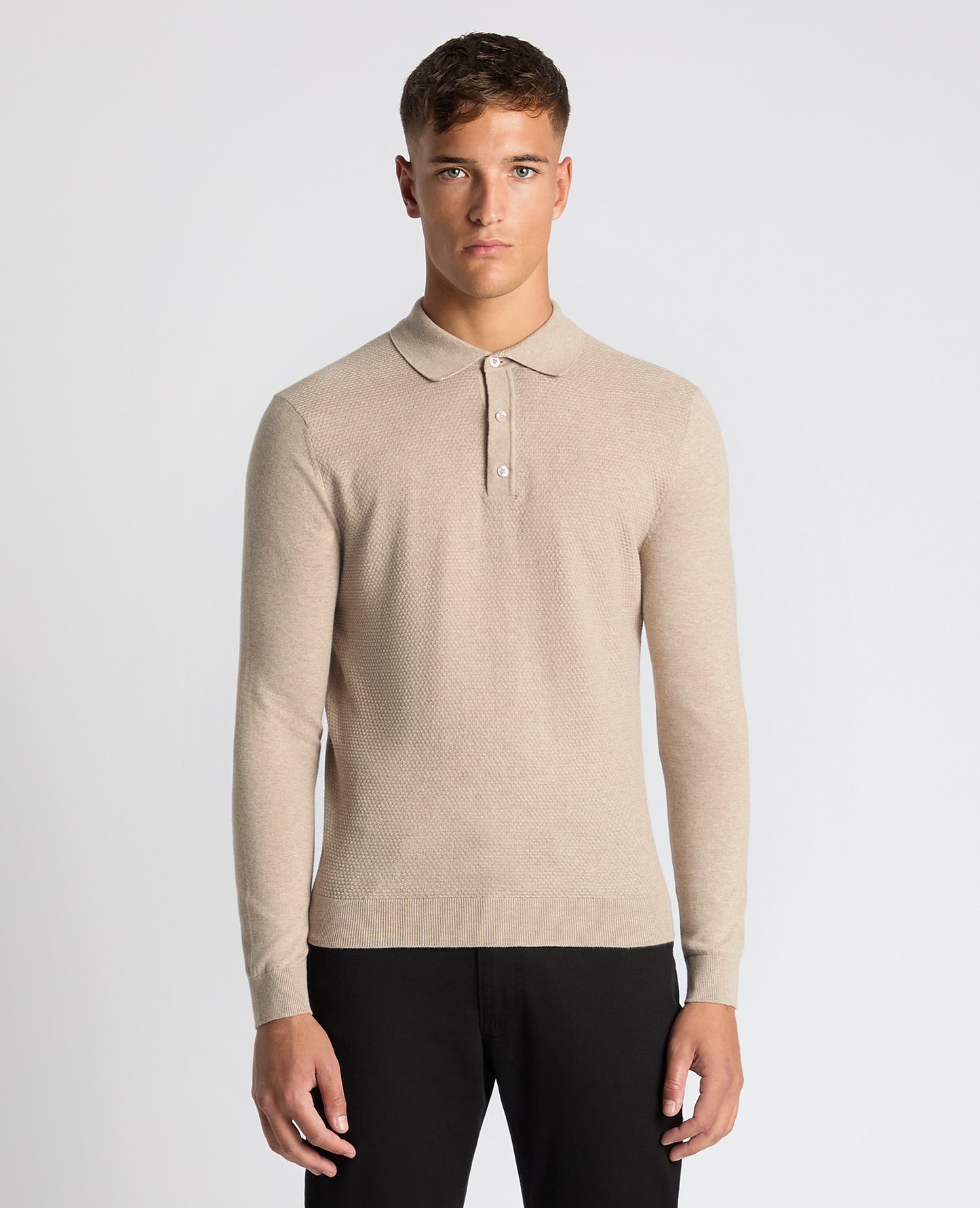 Man wearing a sand Slim Fit Cotton Knitted Polo