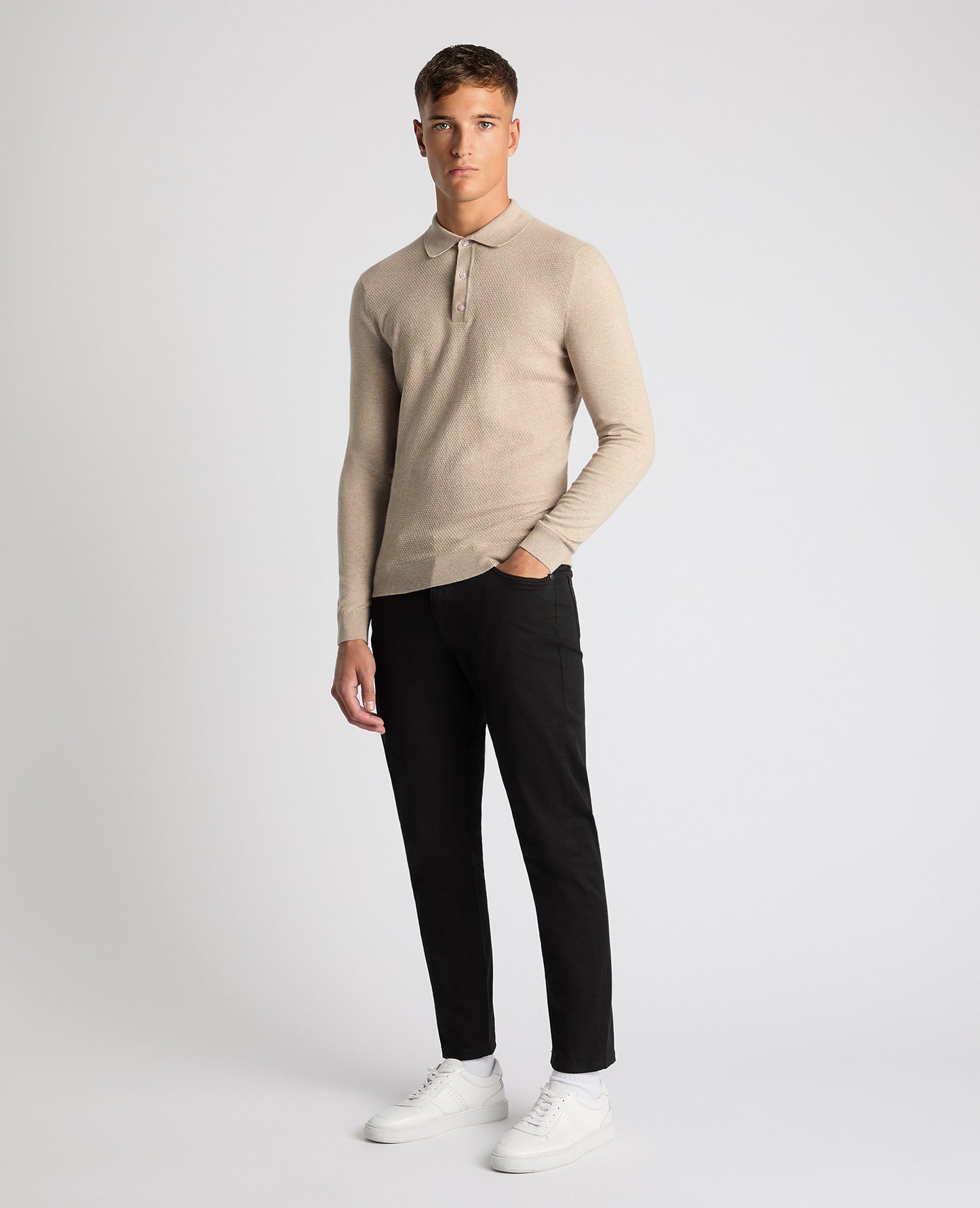 Man wearing a sand Slim Fit Cotton Knitted Polo