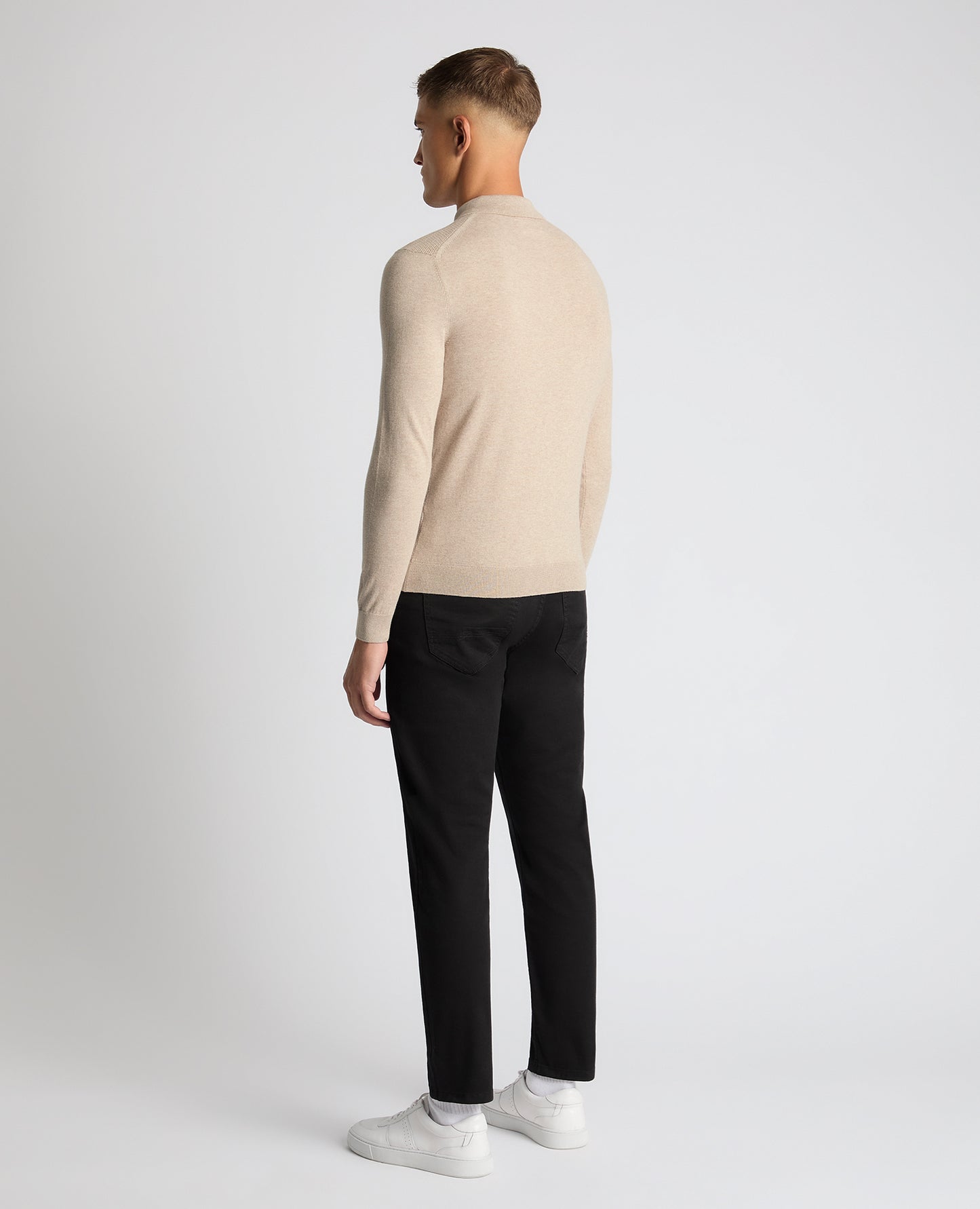 Man wearing a sand Slim Fit Cotton Knitted Polo