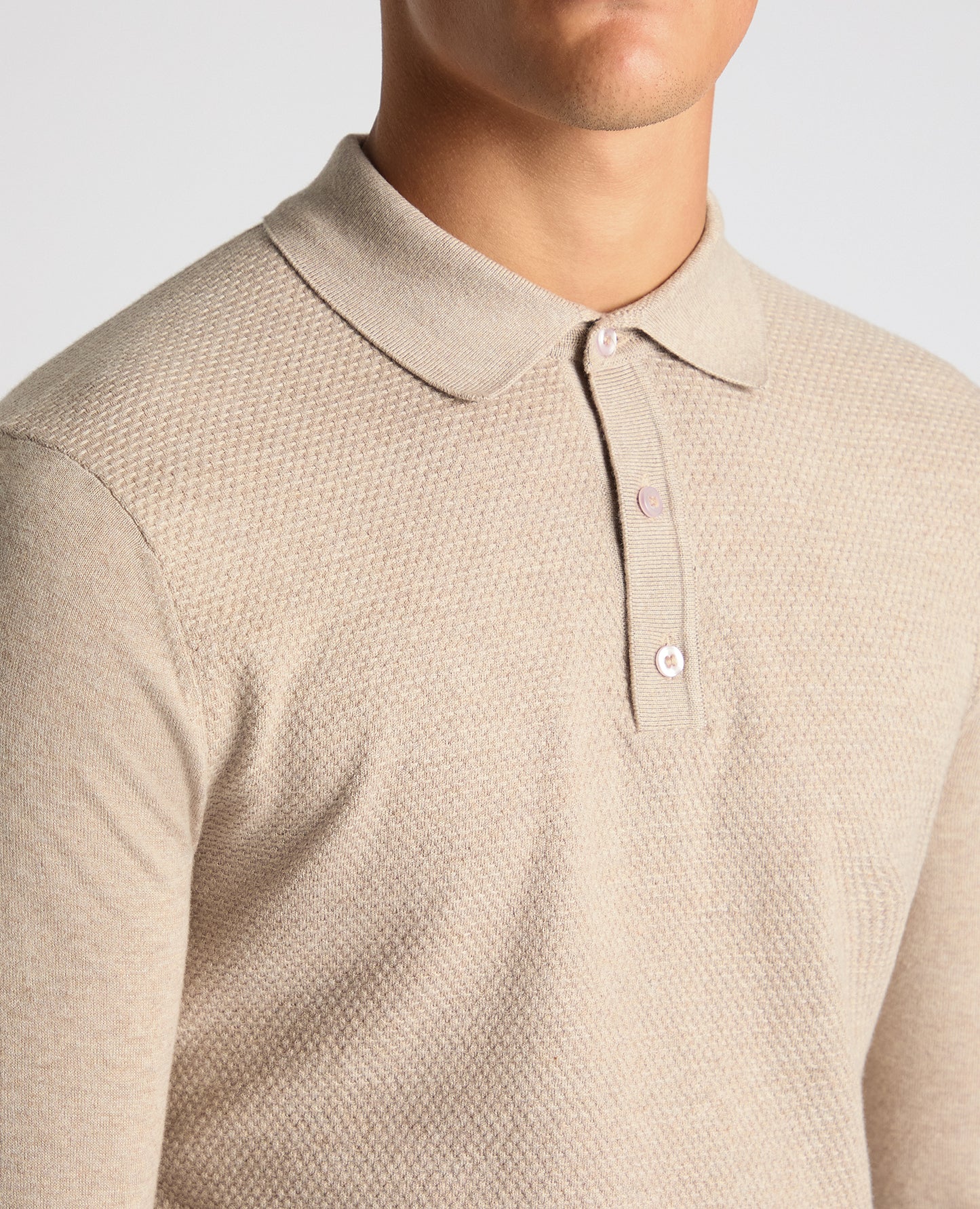 Man wearing a sand Slim Fit Cotton Knitted Polo