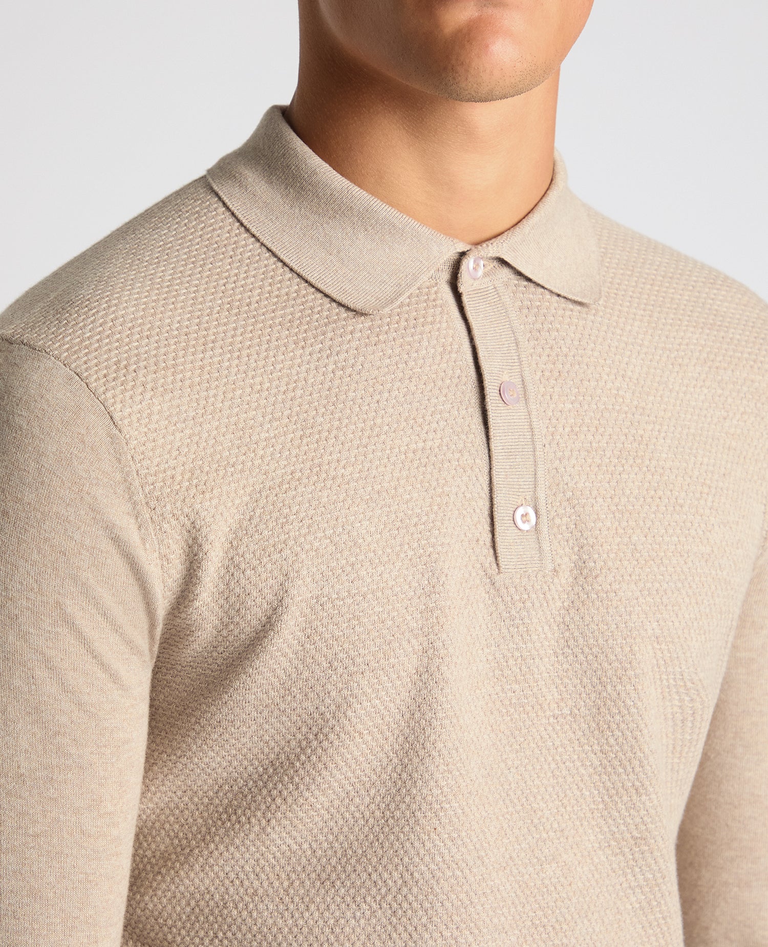 Man wearing a sand Slim Fit Cotton Knitted Polo