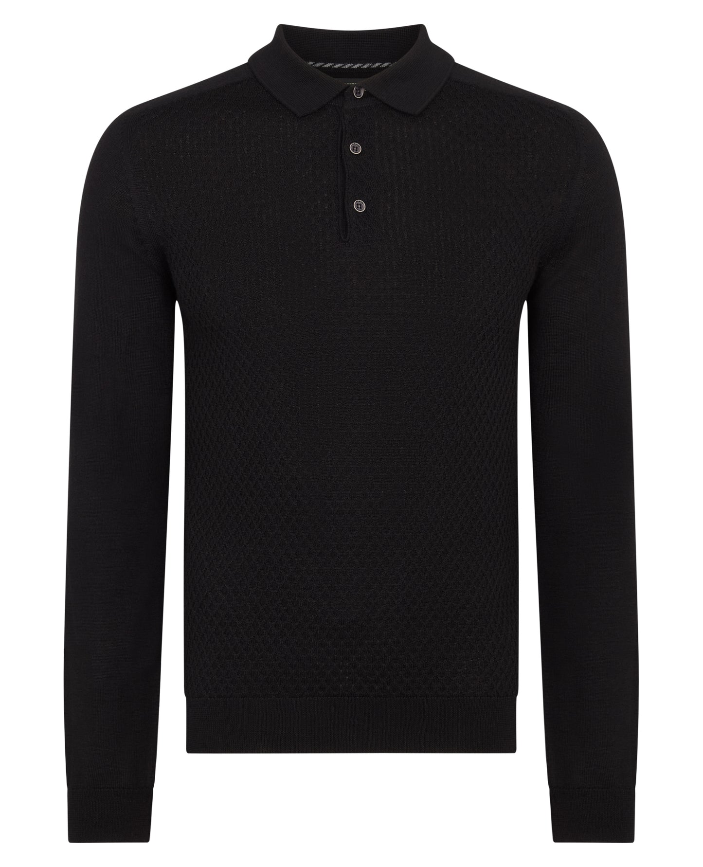 Man wearing a black Slim Fit Merino Wool-Blend Knitted Polo