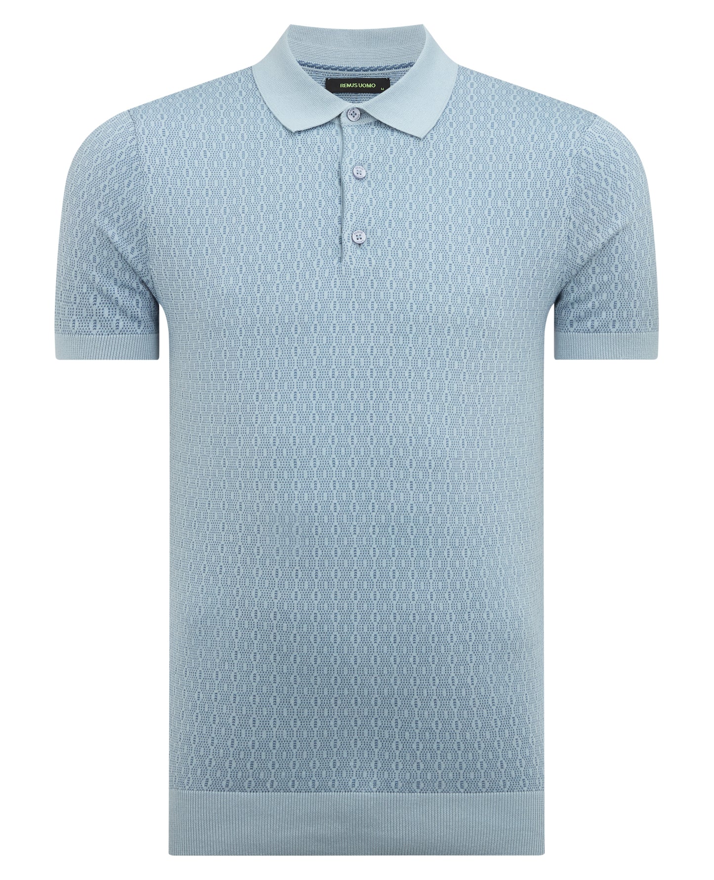 Man wearing a blue Slim Fit Cotton Geometric Polo Shirt