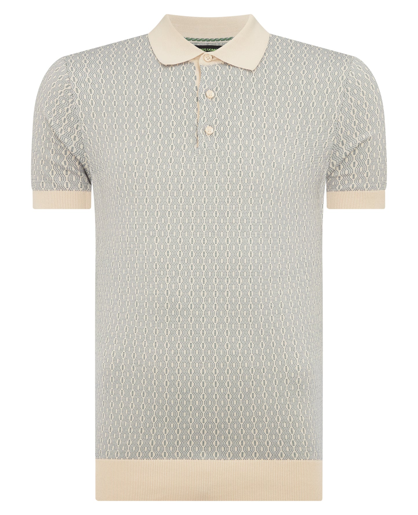 Man wearing a sand Slim Fit Cotton Geometric Polo Shirt