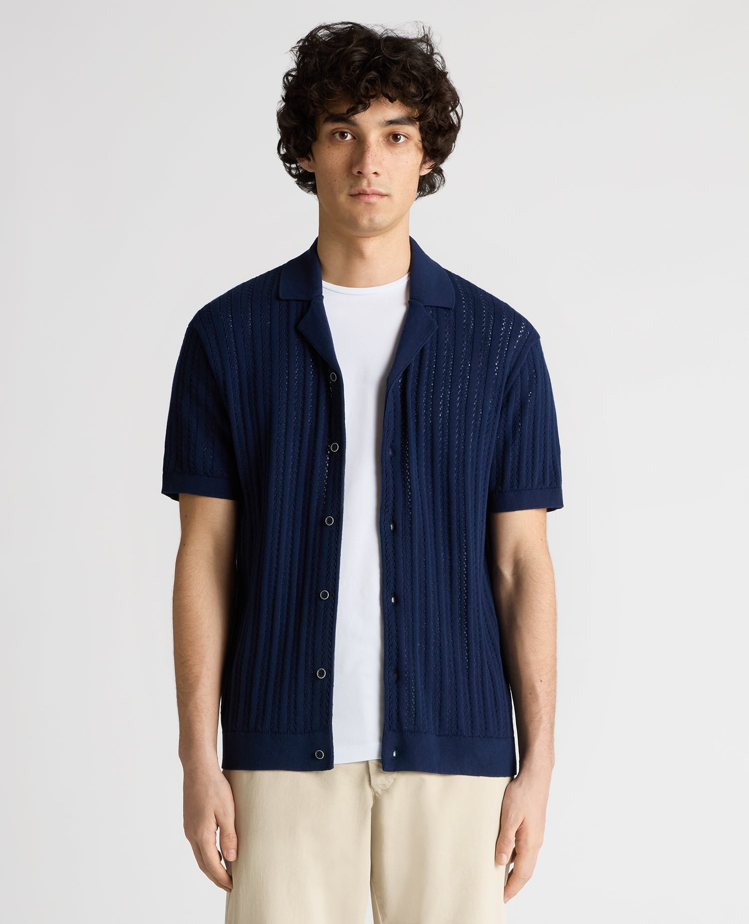 Man wearing a blue Relaxed Fit Cuban Style Shirt