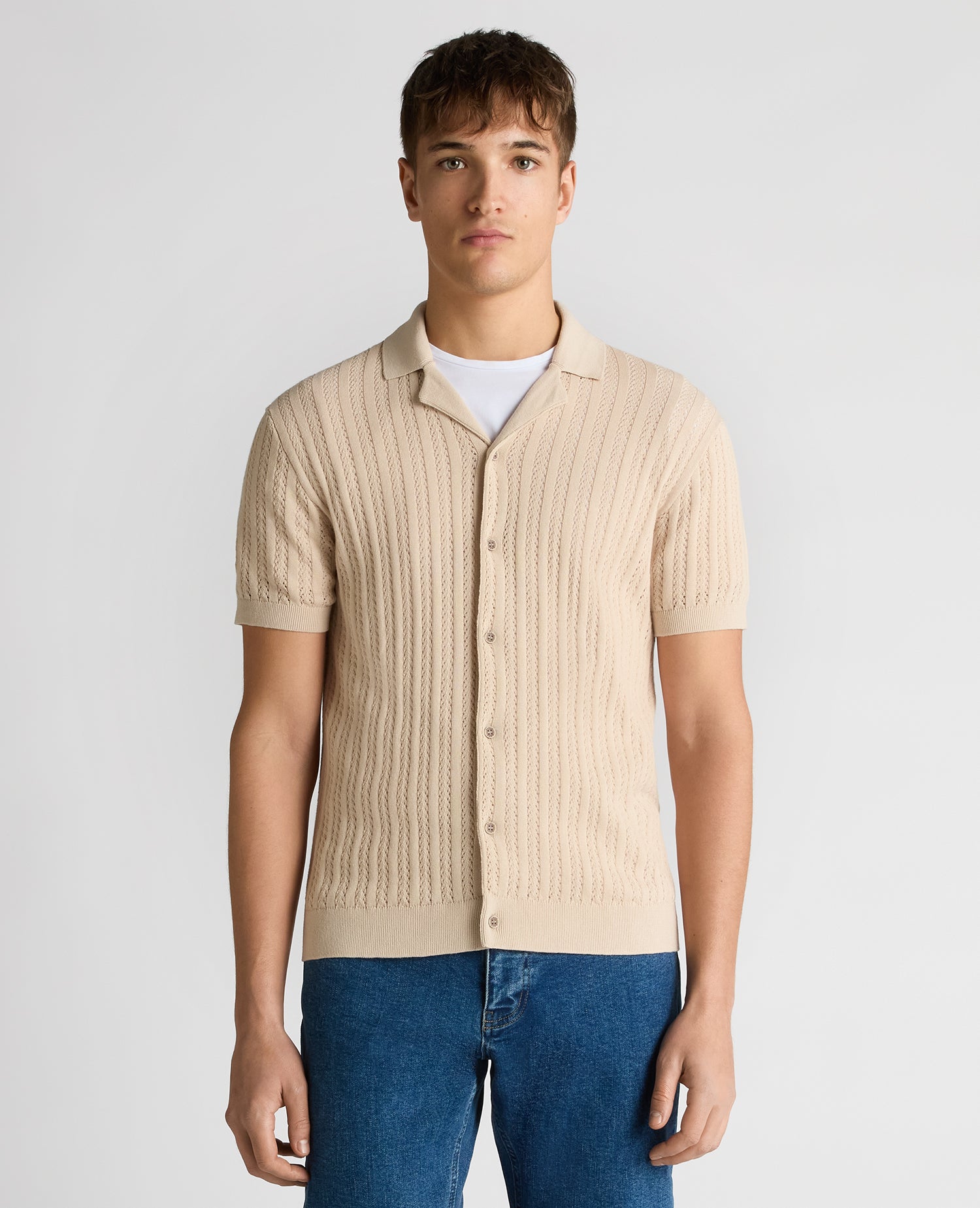 Man wearing a sand Relaxed Fit Cuban Style Shirt