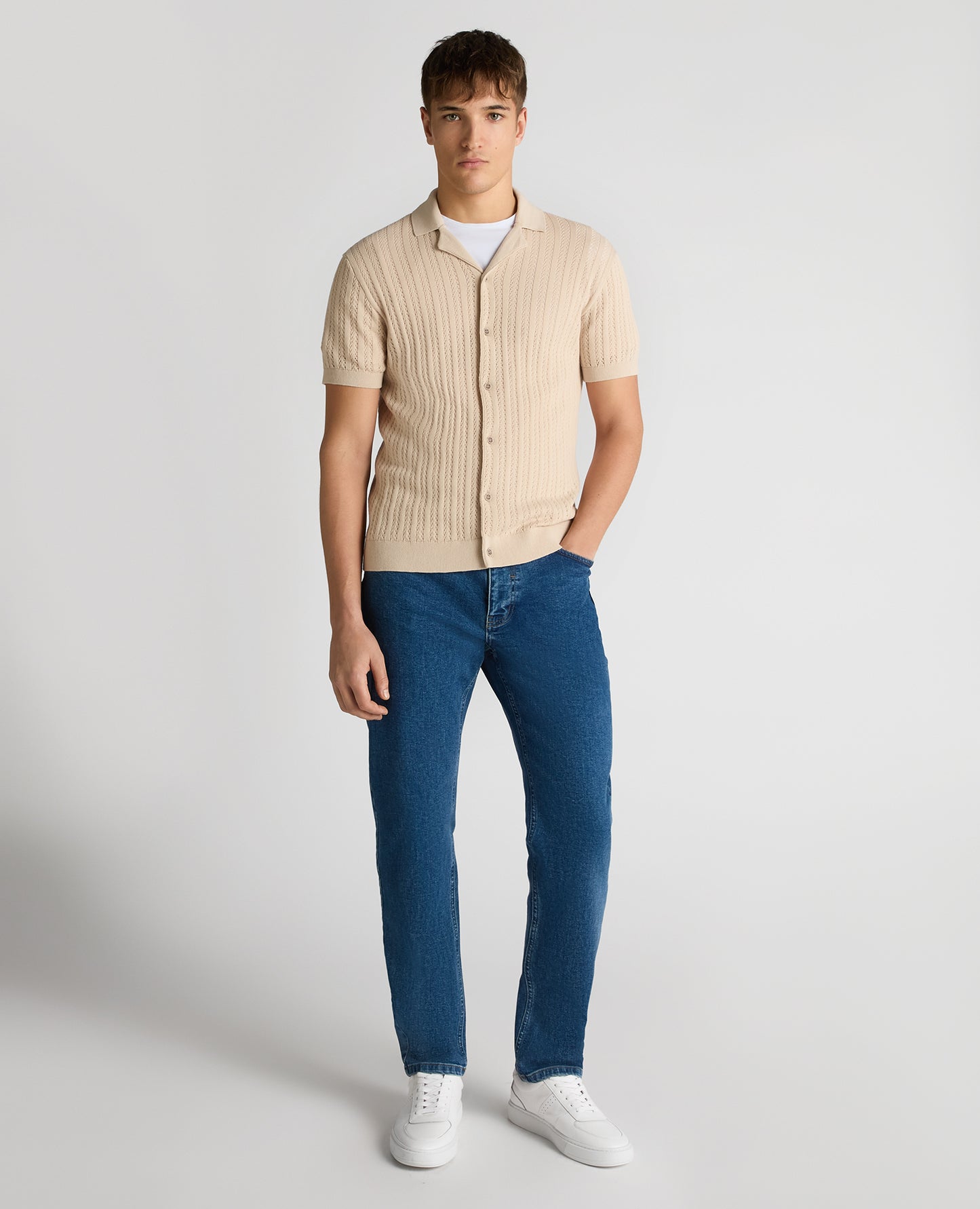 Man wearing a sand Relaxed Fit Cuban Style Shirt