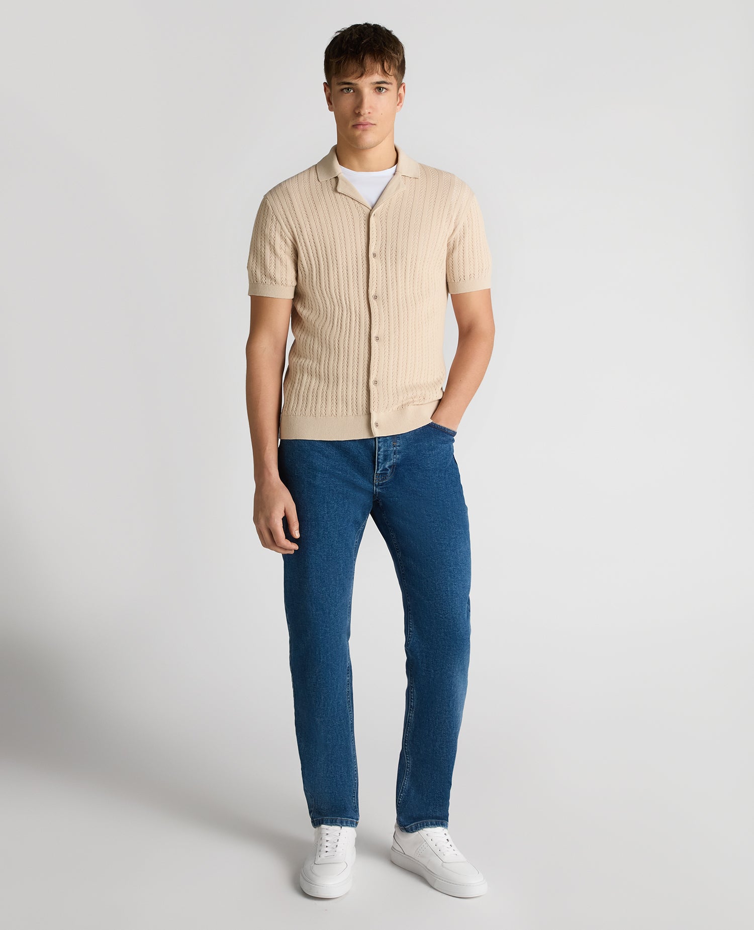 Man wearing a sand Relaxed Fit Cuban Style Shirt
