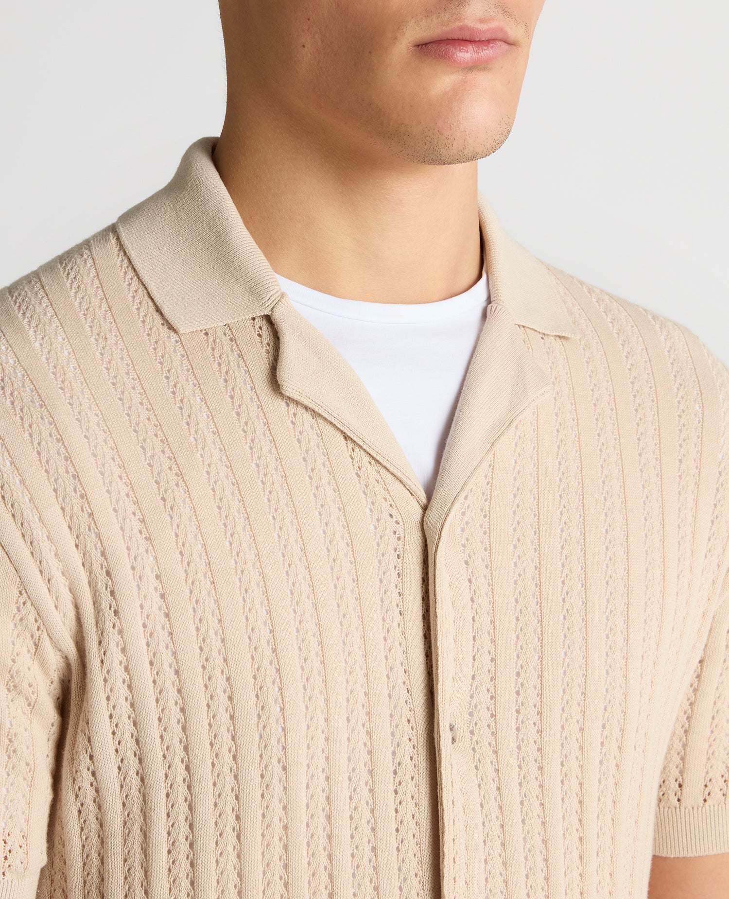 Man wearing a sand Relaxed Fit Cuban Style Shirt